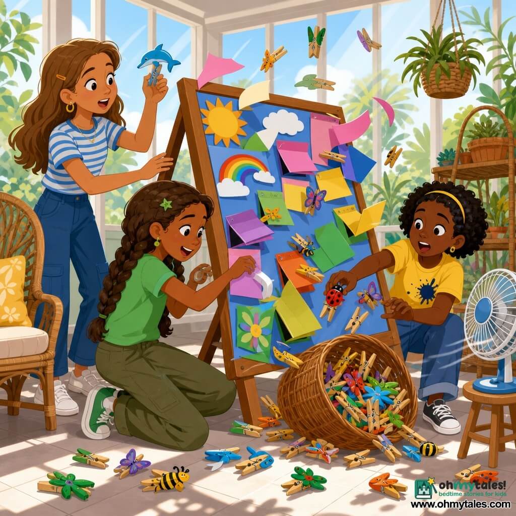 Three girls: Lila, 11, brown hair in a braid wearing a green T‑shirt, kneeling center in front of a large wooden easel holding tape and attaching paper flaps to a colorful board; Mina, 12, light brown hair, blue-and-white striped T‑shirt, standing left holding a dolphin-shaped clothes peg and steadying the board; Junie, 11, short curly hair, yellow T‑shirt with an ink stain, crouched right by an overflowing laundry basket of pegs (one ladybug pegs) letting some fly into the air. They are in a bright sunroom with light tile floor, large glass roof with angled sunbeams, potted plants on wicker shelves, a rattan chair, a small electric fan on a stool creating a breeze, and posters and colored papers on the walls. The display board is tilted partly into the peg basket, pegs scattered in the air, paper flaps open and floating as the three sisters work together to tape and clip the flaps, surprised and amused expressions, dynamic scene with vivid colors.