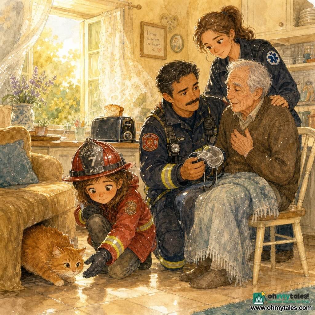 Maya, a determined ~10-year-old girl with a round freckled face, calm focused expression, wearing a shiny small red firefighter jacket and slightly oversized helmet, crouches and gently reaches her gloved hand toward an orange fluffy cat under the sofa; Captain Ruiz, a ~40-year-old man with a tan complexion and thin mustache, calm reassuring expression, kneels by a pale kitchen chair next to Mr. Bell checking his breathing while holding a removed protective mask; Lena, ~30, ponytail and attentive look, stands behind the Captain ready to support Mr. Bell; Mr. Bell, ~75, light gray hair and wrinkled grateful face, sits with a light blanket on his knees looking relieved; Marmalade the cat, half out from under the sofa, fur bristled but curious, sniffs Maya’s hand; the small warm kitchen has light tiles, soft yellow walls, an open window with a moving curtain, a slice of bread in a smoking black toaster, stacked dishes, late golden daylight, and tendrils of light smoke—a calm reassuring rescue scene where the team checks safety and the old man’s breathing while Maya soothes the frightened cat, warm colors, delicate watercolor textures, and white highlights for reflections.
