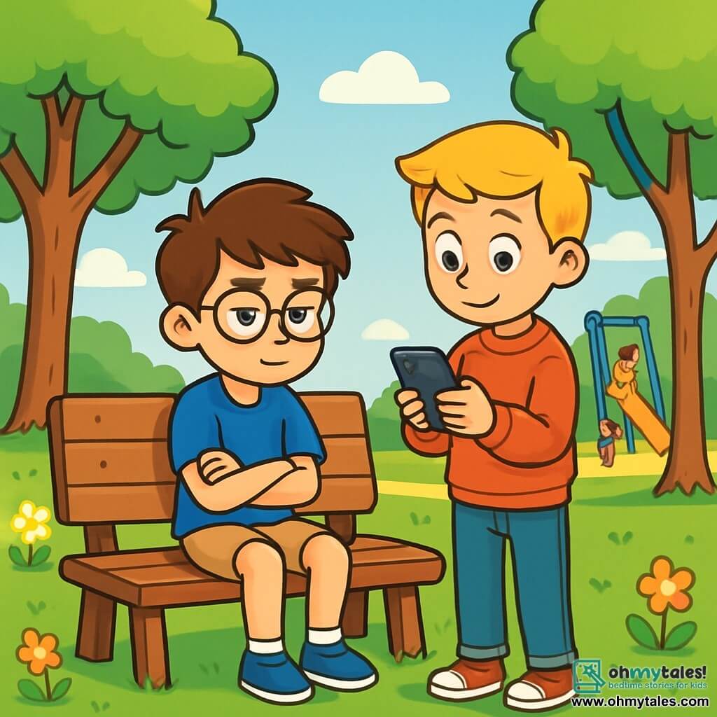 There are two main characters: Liam, a 12-year-old boy with messy brown hair and round glasses, wearing a blue t-shirt and beige shorts, sitting on a wooden bench with his arms crossed, looking thoughtful; and Ethan, also 12, with blonde hair and sparkling eyes, wearing a red sweatshirt and jeans, standing next to Liam, focused on his phone. The setting is a lush park with tall trees, colorful flowers scattered on the grass, and a clear blue sky with fluffy white clouds. In the distance, children can be seen playing on a playground. The main situation shows Liam and Ethan on the bench, with Ethan absorbed in his phone while Liam looks at him with a melancholic expression, wondering where their old adventures have gone.