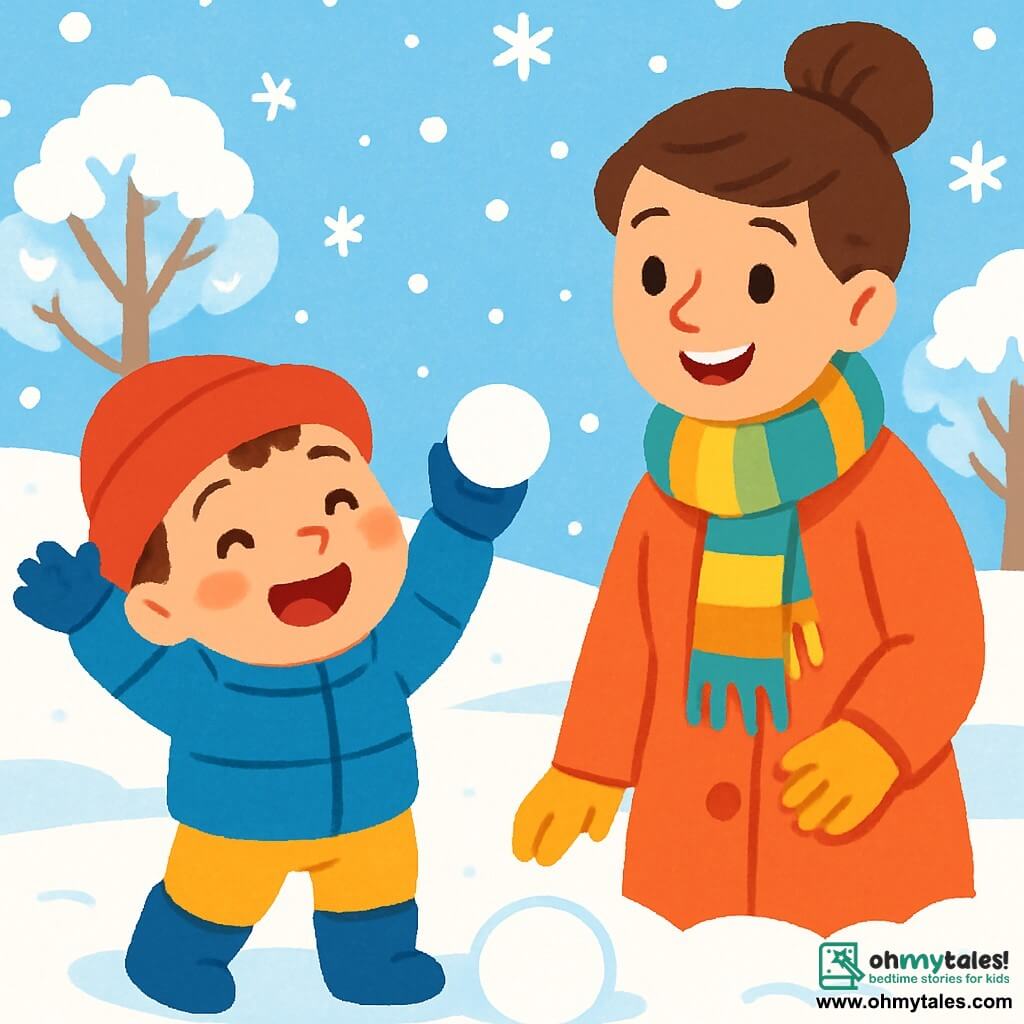 A 2-year-old boy with rosy cheeks and sparkling eyes is wearing a red hat and blue boots. He is playing in the snow, smiling in wonder with his arms raised in the air. Next to him, his mother, a smiling woman in her 30s with brown hair in a bun, watches him proudly while wearing a colorful scarf and a warm coat. The setting is a magical winter landscape with snowflakes gently falling from the light blue sky, trees covered in shimmering snow, and a fluffy white ground. The main scene shows the little boy joyfully making snowballs while his mother encourages him with a warm smile.