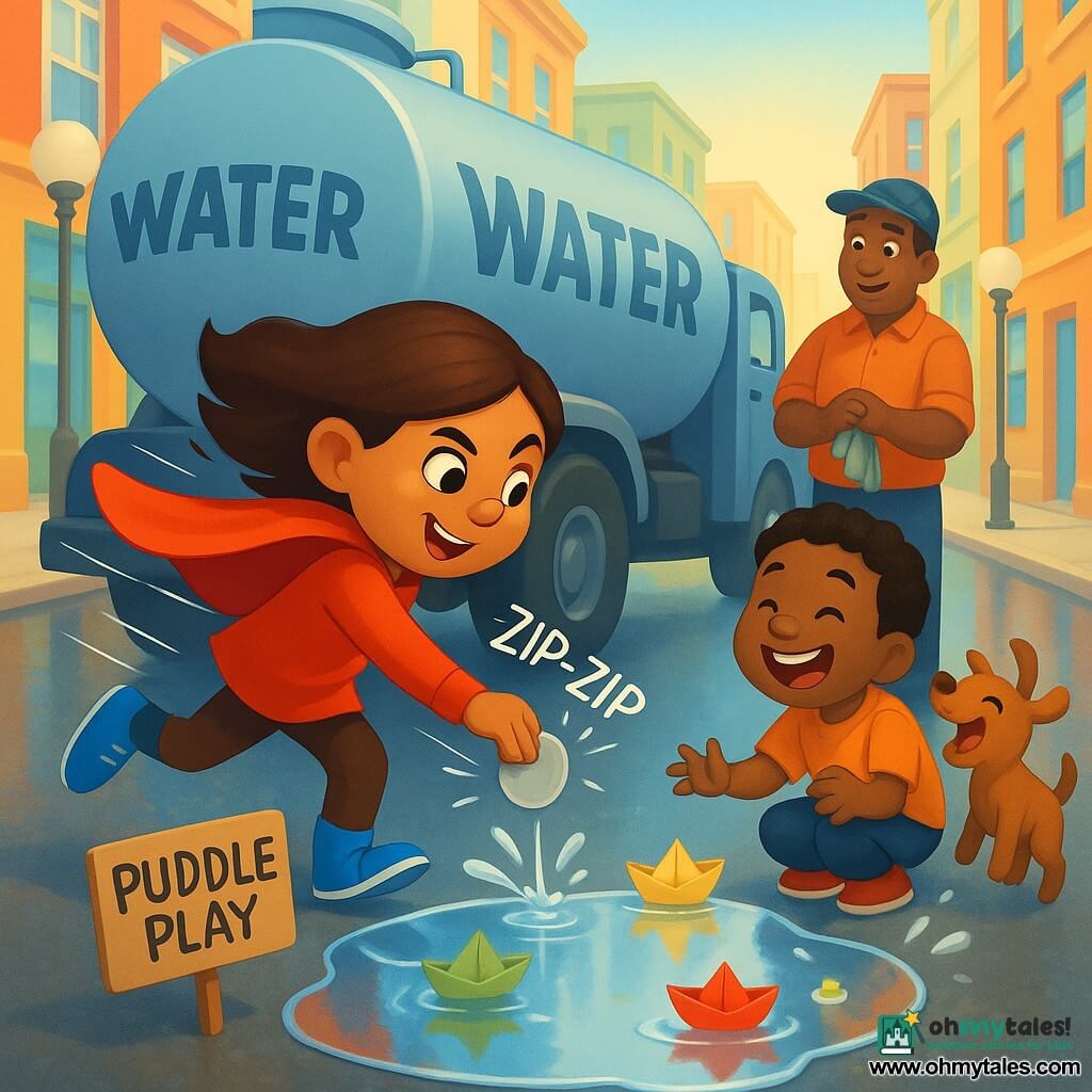 A mischievous smiling heroine, Zooma Girl, in a shiny red cape and fast blue shoes, sticks a round silver sticker over a small leak on a water truck with "zip-zip" motion lines; the truck driver, about 40, looks surprised and relieved nearby, wiping his hands; a laughing, amazed 6-year-old boy crouches by the shiny puddle, setting a small yellow paper boat afloat; a joyful small brown dog barks and splashes beside him; the scene is a bright city street with colorful facades, clean sidewalks, round lampposts and wet asphalt reflecting buildings—the puddle like a little silver mirror—and the hero turns the leak into a playful moment with the sticker, cardboard "Puddle Play" signs, floating boats and smiling onlookers, creating a warm, comic atmosphere.
