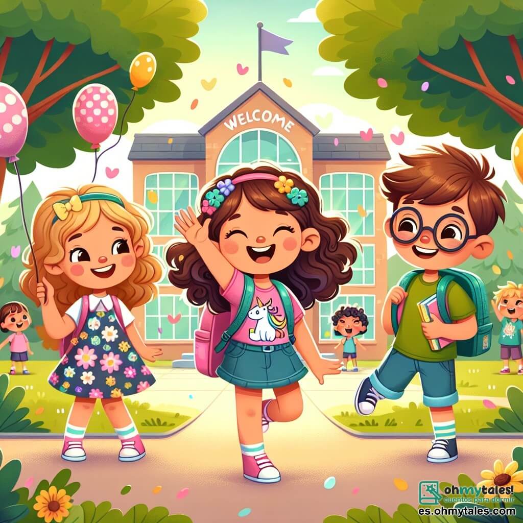 Clara, una niña de 9 años con hermosos rizos y una gran sonrisa, se encuentra en el centro de la imagen, con los ojos brillantes de emoción, vistiendo una camiseta colorida con un diseño de unicornio y una mochila llena de útiles escolares. A su derecha, Lucas, un niño de 10 años con cabello castaño desordenado y gafas redondas, la anima con un gesto de la mano, sonriendo ampliamente mientras sostiene un libro con la otra mano. A su izquierda, Ana, una niña de 9 años con trenzas y un vestido de flores, baila alegremente, con los brazos en alto, llena de energía y alegría. El escenario es el patio de la escuela, rodeado de grandes árboles con hojas verdes brillantes, con globos de colores flotando en el aire y niños jugando alrededor. Al fondo, se ve el edificio escolar, con ventanas luminosas y carteles de bienvenida en las paredes. La escena principal muestra a Clara, Lucas y Ana celebrando su primer día de escuela juntos, riendo y bailando, rodeados de un ambiente festivo y alegre, ilustrando la emoción y la amistad que surgen al inicio del año escolar.