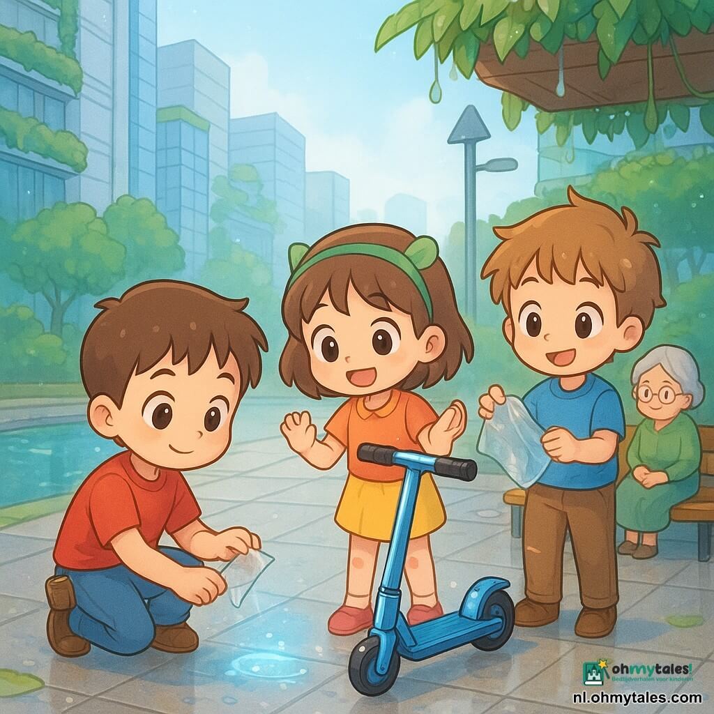 Een 10-jarige jongen met rond gezicht, grote glanzende ogen en korte bruine haren hurkt bij een glanzende blauwe zweefscooter en haalt een blad tussen magneten weg; een 9-jarig meisje met felgroen lint in haar haar en kleurige kleren staat rechts van hem en kijkt springend naar de scooter; een andere 10-jarige jongen met warrig haar houdt een gevouwen transparant plastic vel klaar achter haar; een ongeveer 65-jarige vrouw met grijs haar in een knot en een nette groene blouse zit op een bankje onder een hangende plantenbak en kijkt liefdevol toe; plek: betegelde voetgangersstraat met glazen torens en hangende tuinen, slimme pijlvormige lantaarns en een klein vijvertje, vochtige sfeer na regen met parelende druppels; scène: samenstellende, zachte reparatie van de blauwe zweefscooter — handen verwijderen een blad, plastic klaar, LED-licht houdt vocht weg, levendige kleuren, reflecties en vriendelijke technologische glinstering.