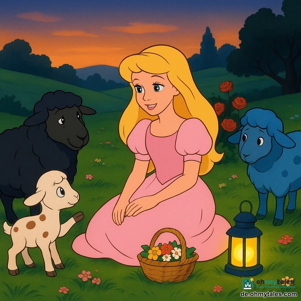Das erwachte Dornröschen mit sanftem Lächeln und leuchtenden Augen sitzt in einem hellrosa Kleid mit Puffärmeln mitten auf einer Wiese und stellt einen kleinen Blumenkorb neben sich; ein alter schwarzwolliger Widder mit weisen Augen sitzt neben ihr und spricht ruhig, ein geflecktes neugieriges Lamm hebt die Pfote, ein etwas zurückhaltendes blau geflecktes Schaf schaut sie mit sanften Augen an; die Szene spielt in einem hügeligen Abendwiesen mit grünen Gräsern, wilden Blumen, dunklen Baumrändern und einem Rosenbusch hinter ihr, warmes Laternenlicht erfüllt die Luft; die mehrfarbigen Schafe weben lächelnd und entspannt nach dem Sturm eine symbolische Mauer aus Schnüren und bunten Bändern, die Stimmung ist ruhig und einladend.
