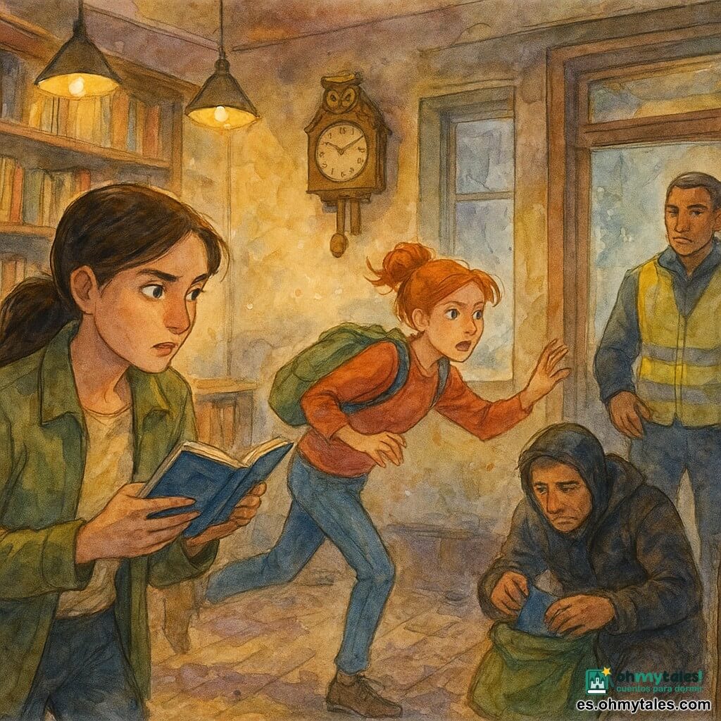 Protagonista: Lía, 16 años, mirada concentrada, cabello castaño recogido en coleta baja, chaqueta kaki, se levanta de un estante sosteniendo un pequeño cuaderno abierto, rostro iluminado por una lámpara cálida. Secundaria: Nora, ~17 años, expresión sorprendida y resuelta, pelo pelirrojo en moño, con mochila, corre hacia la ventana trasera y un bolso verde en el suelo. Secundario: Rafa, ~40 años, rostro cansado y avergonzado, capucha caída, agachado junto a la ventana de la trastienda mientras guarda un cuaderno azul en un bolsillo de tela oscura. Secundario: Don Basilio, ~60 años, manos temblorosas sobre su sombrero, junto al mostrador, boca abierta, abrigo de cuadros. Secundario: Mauro, ~45 años, guardia con chaleco reflectante, postura firme bloqueando la puerta exterior, mirando a Rafa. Lugar: interior de una antigua librería con estanterías de madera oscura, lámparas colgantes de luz amarilla, reloj de péndulo en la pared, ventana de la trastienda polvorienta con manchas de barro seco. Situación: momento dramático: Rafa devuelve el cuaderno azul y toca el gran péndulo detenido; silencio tenso, Lía lista para actuar, Nora se precipita, Mauro cierra la salida; atmósfera cálida con toques de lavanda y verde, pinceladas y salpicaduras de acuarela visibles.