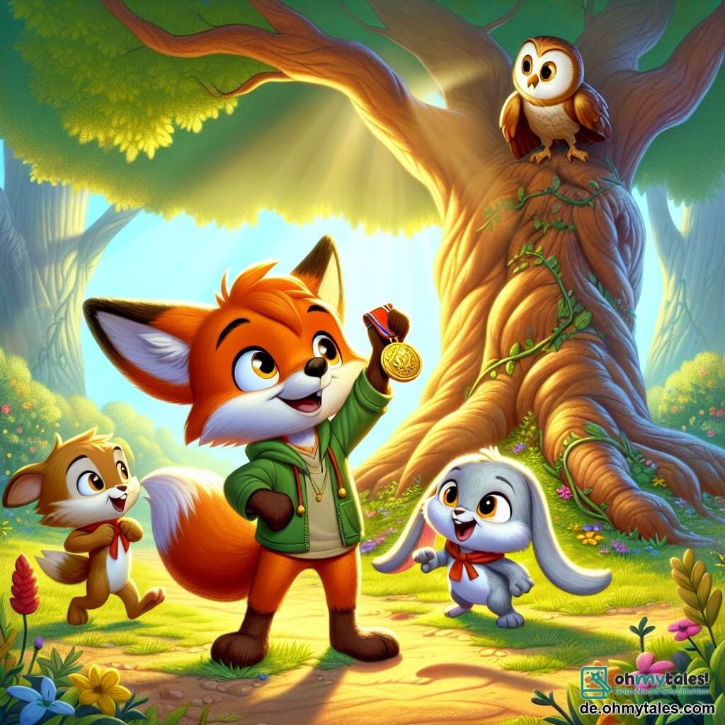 Ein kleiner Fuchs namens Felix mit leuchtend orangefarbenem Fell und neugierigen Augen steht vor einem großen, knorrigen Baum und hält eine glänzende Medaille in seinen Vorderpfoten, mit einem staunenden und entschlossenen Blick. Neben ihm springt ein kleiner, frecher Hase namens Rudi mit langen Ohren und weißem Fell vor Freude, während eine weise Eule namens Ella mit braunen Federn und runden Augen auf einem Ast sitzt und die Szene nachdenklich beobachtet. Der Ort ist eine sonnige Lichtung, umgeben von majestätischen Bäumen mit leuchtend grünen Blättern, bunten Blumen am Boden und einem sanften Lichtstrahl, der durch die Äste filtert. Die Hauptsituation zeigt Felix und seine Freunde, die eine alte, geheimnisvolle Medaille entdecken, ein Symbol für ein bevorstehendes Abenteuer, während sie sich darauf vorbereiten, das Geheimnis der alten Eiche zu lösen.