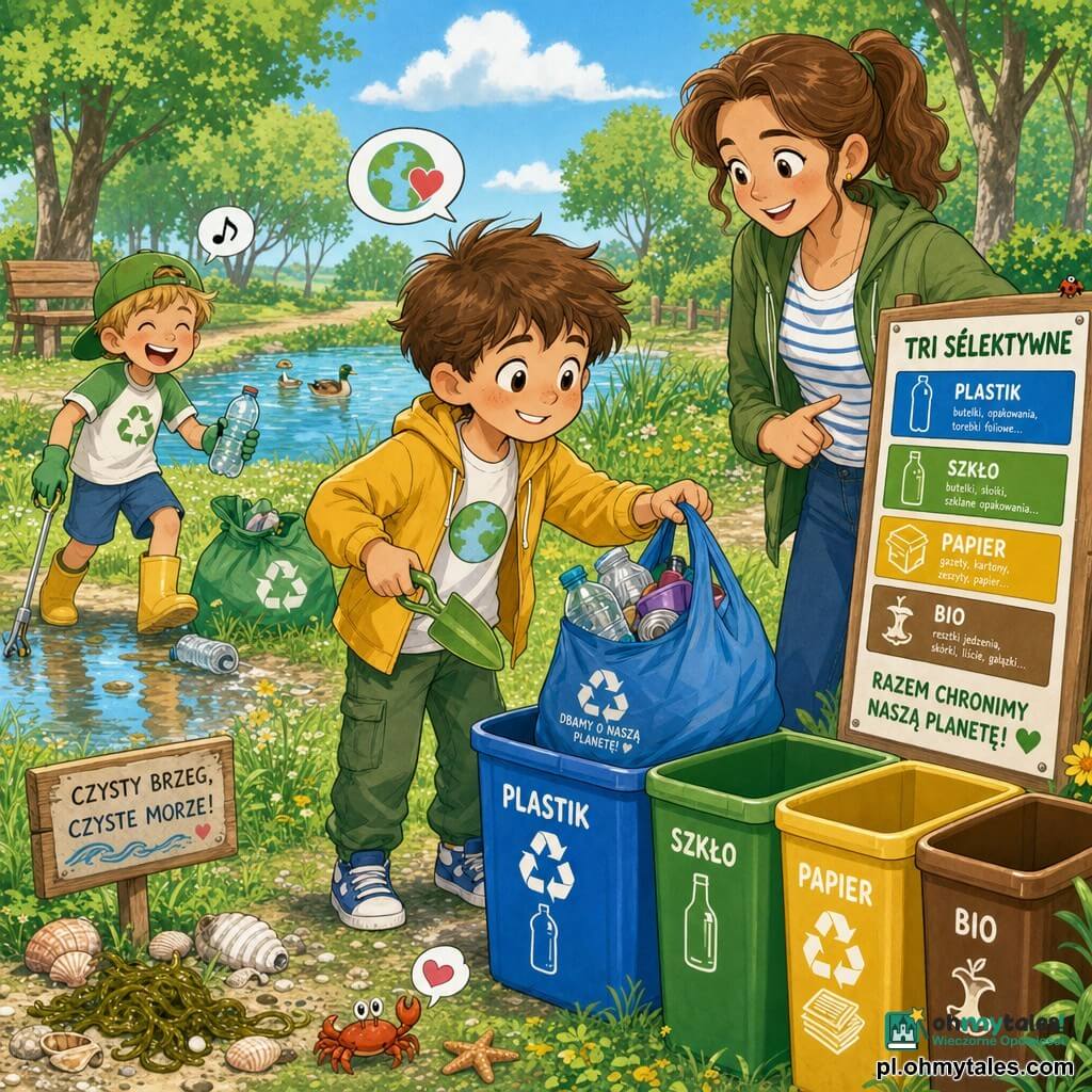 Ośmioletni chłopiec z potarganymi brązowymi włosami, uśmiechnięty i skupiony, trzyma zieloną łopatkę i niebieską torbę na plastik, wkłada odpady do kosza na recykling; obok stoi jego matka (~35 lat) z spiętymi kasztanowymi włosami, wskazująca znak „Segregacja” i zachęcająca syna; w tle po lewej radosny kolega w zielonej czapce podnosi plastikową butelkę przy kałuży; miejsce: słoneczny park przy małej niebieskiej sadzawce, zielona trawa z żółtymi kwiatami, drewniana ławka, drzewa, kilka muszli i wodorostów na trawie przypominających ocean; główna scena: dzieci sprzątają park, żywe kolory, kolorowe worki i kosze, bąbelki radości podkreślające ducha zespołu i działania ekologiczne.