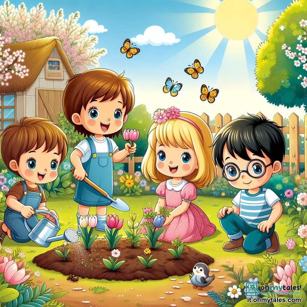 In un giardino soleggiato, quattro bambini stanno piantando fiori. Marco, un bambino di quattro anni con capelli castani e occhi brillanti, è accovacciato mentre scava un buco nella terra con una piccola pala. Accanto a lui, Sara, una bambina di quattro anni con capelli biondi e un vestito rosa, sorride tenendo un bulbo di tulipano tra le mani. Più in là, Luca, un bambino di quattro anni con capelli castani e una maglietta blu, versa acqua con un piccolo annaffiatoio, mentre Matteo, un bambino di quattro anni con occhiali e capelli neri, osserva attentamente la scena con un sorriso. Il giardino è pieno di verde, con alberi in fiore e petali rosa e bianchi. Farfalle colorate volano intorno ai bambini, e il terreno è coperto di terra marrone, pronto per le nuove piantagioni. I bambini sono felici e entusiasti, ridendo e aiutandosi a preparare il giardino per la bella stagione, sognando già i magnifici fiori che sbocceranno presto.