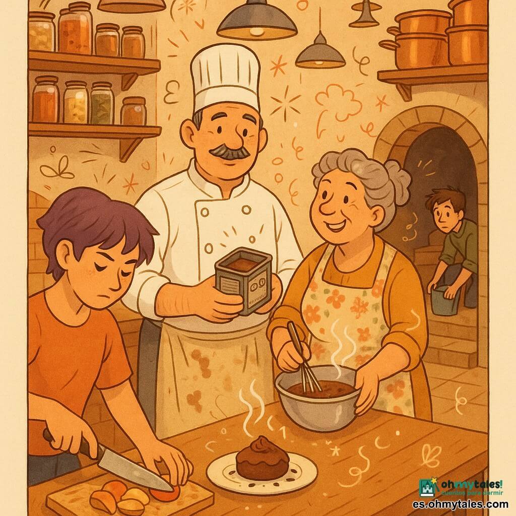 Un chef de cinquenta años, rostro redondo con bigote canoso corto y expresión amable, viste chaqueta blanca impecable y delantal beige con harina, sostiene una caja metálica de cacao abierta; Doña Reme, unos 60 años, rizada y alegre con moño y delantal floral, bate nata en un bol a su derecha mirando cómplice al chef; Lila, joven de ~20 años, garçonne de cabello corto violeta, concentrada, corta frutas sobre una tabla al frente izquierdo; Tomás, unos 25, cabello castaño alborotado, arrodillado junto a una escalera que baja a la bodega, repara una pequeña fuga con un cubo y una esponja; cocina cálida y detallada con estantes de madera, ollas de cobre, mesa de trabajo gastada y lámparas metálicas, al fondo escalera de piedra a una bodega abovedada; atmósfera de calma tras la tormenta: equipo coordinado alrededor de un postre de cacao con ligera vapor, migas de harina y salpicaduras de chocolate; colores cálidos (ocres, marrones, cobre), trazos limpios y pequeños doodles de notas musicales, estrellas y utensilios.