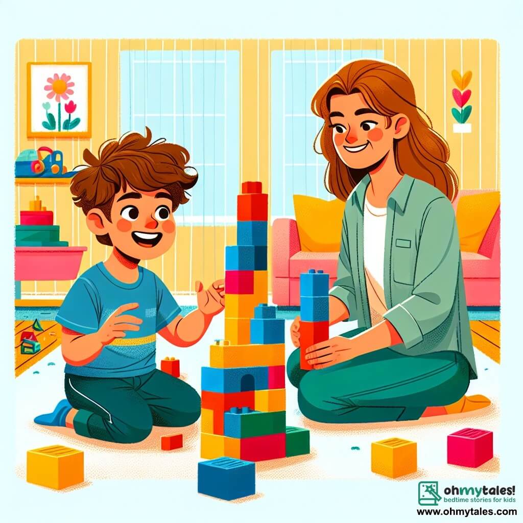 A 3-year-old boy named Leo, with messy brown hair and sparkling curious eyes, is sitting on the floor surrounded by colorful blocks. He has a big smile, full of determination, as he carefully stacks red, blue, and yellow blocks to build a tall tower. Next to him, his mother, a woman in her thirties with brown hair and a warm smile, encourages him with open arms, sitting on a fluffy cushion and watching Leo with pride. Their living room is bright and welcoming, with pastel yellow walls, toys scattered on the floor, and a large window letting in sunlight, creating a joyful and warm atmosphere. Leo, focused and happy, is trying to build the tallest tower he has ever made, while his mother lovingly encourages him, showing him that he can succeed by trying again and again.