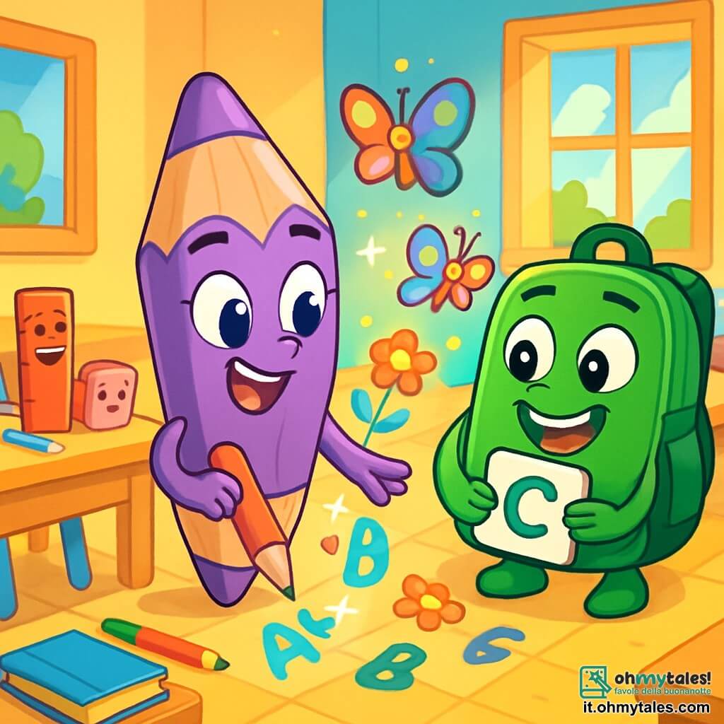 Lila, una matita sorridente e gioiosa, è al centro dell'immagine, con un corpo in legno liscio e colori vivaci. I suoi occhi brillano di eccitazione mentre disegna lettere magiche che si trasformano in farfalle colorate e fiori scintillanti. Accanto a lei, Zaki, uno zaino verde con grandi occhi curiosi, guarda con meraviglia, mostrando un ampio sorriso amichevole. Tieni una lettera tra le sue piccole zampe, pronto ad aiutare Lila. La scena si svolge in un'aula luminosa e accogliente, piena di muri dipinti con colori vivaci, banchi in legno e finestre che lasciano entrare la luce del sole. Matite e libri sono sparsi sui tavoli, creando un'atmosfera gioiosa e creativa. Lila e Zaki stanno raccogliendo lettere sparse sul pavimento, trasformate in creature colorate, mentre i loro amici, un righello e una gomma, li incoraggiano con sorrisi. L'atmosfera è piena di risate e cameratismo, illustrando la bellezza della collaborazione e della creatività.