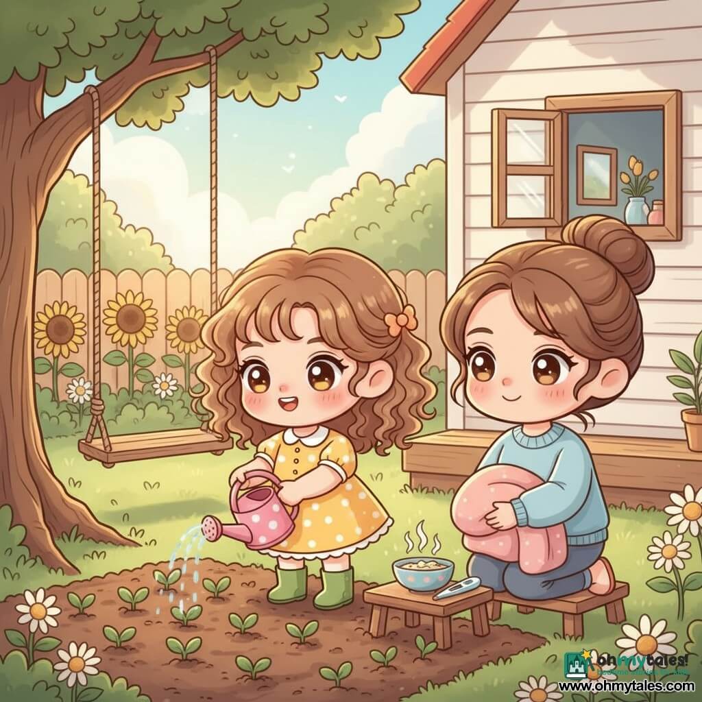 A joyful 8-year-old girl with curly light-brown hair, bright eyes and rosy cheeks waters seedlings with a small pink watering can while wearing a yellow polka-dot dress and green boots; her smiling mother, about 35, hair in a bun and a light-blue sweater, sits on a small wooden chair holding a blanket and watches tenderly from the right; a plastic thermometer on a small table beside a pot of soup hints at a recent illness. The cozy backyard garden basks in morning sun with dark rich soil, rows of green shoots, white daisies and sunflowers, an old swing on a large oak and a cream wooden house with an open window. The scene conveys healing and care, soft bright light, sparkling water droplets, reassuring expressions and family warmth.