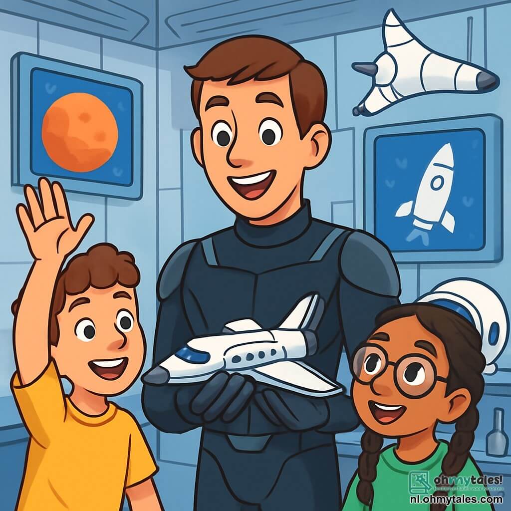 Een man, Daan, staat in het midden van de afbeelding, gekleed in een glanzend en futuristisch zwart ruimtepak met zilveren details, zijn gezicht straalt van opwinding en nieuwsgierigheid. Hij heeft kort bruin haar en sprankelende ogen van blijdschap, terwijl hij een model van een ruimteschip aan de kinderen om hem heen toont. Aan zijn rechterkant steekt Amir, een 10-jarig jongen met krullend haar en een lichte huid, zijn hand op met een grote glimlach, vol verlangen om een vraag te stellen. Aan zijn linkerkant observeert Noor, een 9-jarig meisje met vlechten en een bril, aandachtig, haar gezicht verlicht door verwondering. De achtergrond is het interieur van een modern ruimtecentrum, met zilveren metalen muren, schermen die beelden van planeten tonen en modellen van raketten die aan het plafond hangen. Wetenschappelijke instrumenten en astronautenuitrusting zijn zorgvuldig om hen heen geplaatst. Daan legt gepassioneerd de wonderen van de ruimte uit, terwijl de kinderen geboeid luisteren naar zijn verhalen over astronauten en interstellaire avonturen.