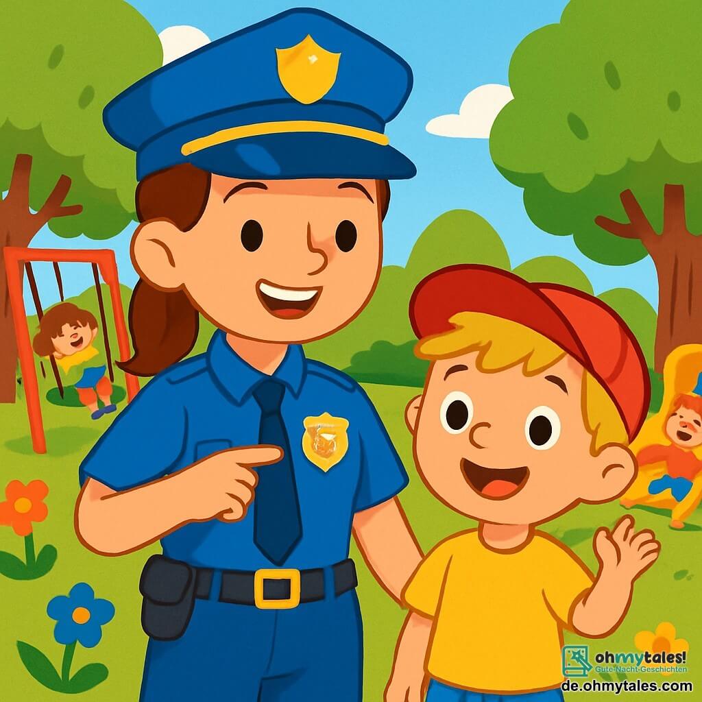 Eine lächelnde Polizistin in einer leuchtend blauen Uniform und einem glänzenden Hut steht stolz neben ihrem Kollegen. Sie hat braune Haare zu einem Pferdeschwanz gebunden und strahlende Augen. Neben ihr steht ein 5-jähriger Junge mit zerzausten blonden Haaren und einer roten Kappe, der aufgeregt die Hand hebt. Er trägt ein gelbes T-Shirt und blaue Shorts. Die Szene spielt in einem sonnigen Park mit üppigen grünen Bäumen und bunten Blumen. Kinder spielen um sie herum, lachen und haben Spaß auf Schaukeln und Rutschen. Die Polizistin erklärt den Kindern, was ein Polizist macht, und zeigt ihren glänzenden Dienstmarke, während der Junge fasziniert zuhört.