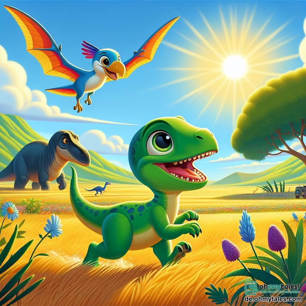 Ein Velociraptor namens Rafi, mit leuchtend grünem Gefieder und neugierigen Augen, steht im Mittelpunkt der Szene und zeigt einen fröhlichen und entschlossenen Ausdruck. Er läuft durch eine sonnige, weite Ebene, seine agilen Beine peitschen das goldene Gras. Neben ihm fliegt ein kleiner Pterodactylus namens Lila mit bunten Flügeln und einem fröhlichen Lächeln leicht über ihm, ihre leuchtend blauen Federn kontrastieren mit dem klaren Himmel. Im Hintergrund steht ein majestätischer Brontosaurus namens Bodo nahe einem großen Baum, seine langen Beine und sein schlanker Hals heben sich gegen den Himmel ab, während er Rafi und Lila wohlwollend beobachtet. Die Landschaft ist geprägt von grünen Hügeln, bunten Blumen und einigen sanft schwebenden, watteartigen Wolken. Die Szene fängt den Moment ein, in dem Rafi und Lila sich auf den Weg zur geheimnisvollen Höhle machen, in der sie hoffen, ihren legendären Freund zu finden, voller Aufregung und Hoffnung.