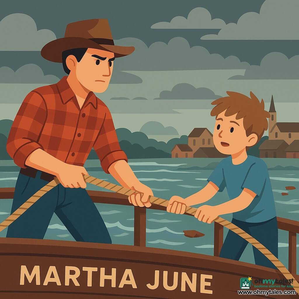 A young cowboy, Silas, with a determined and focused face, wears a cowboy hat tilted back and a plaid shirt. He firmly pulls on a thick rope to secure the ferry. Beside him, a ten-year-old boy, Sam, with tousled hair and eyes shining with courage, holds another rope with his small hands. They stand on the deck of the ferry, the Martha June, which sways slightly on a tumultuous river. In the background, the river is wide and bubbling, with pieces of wood floating on its surface. The sky is gray and threatening, with heavy clouds, while the town of Sweetwater looms on the horizon with its wooden roofs and a steeple piercing the sky.