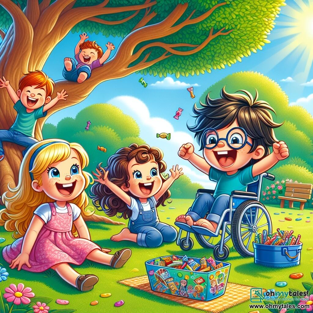 Lily, an 8-year-old girl with long blonde hair and a pink dress, is sitting on the grass, laughing heartily. Next to her, Max, a 7-year-old boy with messy brown hair and a blue t-shirt, is making a funny face, which causes even more laughter. Emma, a 6-year-old girl with curly brown hair and a colorful skirt, is jumping for joy with her arms raised to the sky. Finally, Sam, a 9-year-old boy with glasses and black hair, is in his blue wheelchair, smiling widely and holding a large box of colorful candies. They are all under a large tree with spreading branches, the "Giggle Tree," whose leaves shine in the sun. The ground is covered with multicolored flowers and green grass, creating a joyful and vibrant setting. The main scene shows the four friends sharing candies and laughing together after discovering a treasure filled with surprises. Their faces are lit up with joy and friendship, capturing the essence of a beautiful day of adventure in nature.