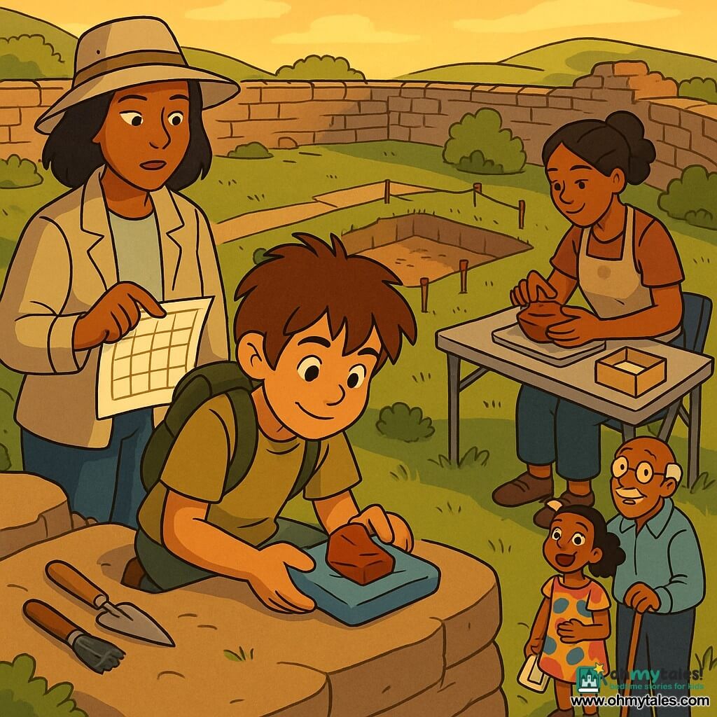 A smiling but focused boy, Mateo (about 12), messy brown hair, in a khaki T-shirt and small backpack, crouches on a rocky ledge holding a small reddish-brown pottery sherd on a foam pad with a trowel and brush beside him; behind him to the left stands Dr. Lila (about 40), soft serious face, beige researcher’s hat and light jacket, pointing to a grid marked on a paper map; to the right Rosa (about 30), a conservator with tied-back hair and dusty apron, cleans a pottery piece on a folding table near a box of labels; below on the raised path a little girl (about 7) in a colorful dress holds a sketchbook, eyes wide, while her grandfather (about 65) leans on a cane smiling; the site is a circular oppidum with old stone walls and a broad flat rock, green grass, small red flags marking the excavation grid, wooden planks for visitors and sparse shrubs; late-afternoon, warm golden light, Mateo uncovers the sherd in a string-bordered trench while the team works gently and curious visitors look on, atmosphere of care, focus, and discovery.