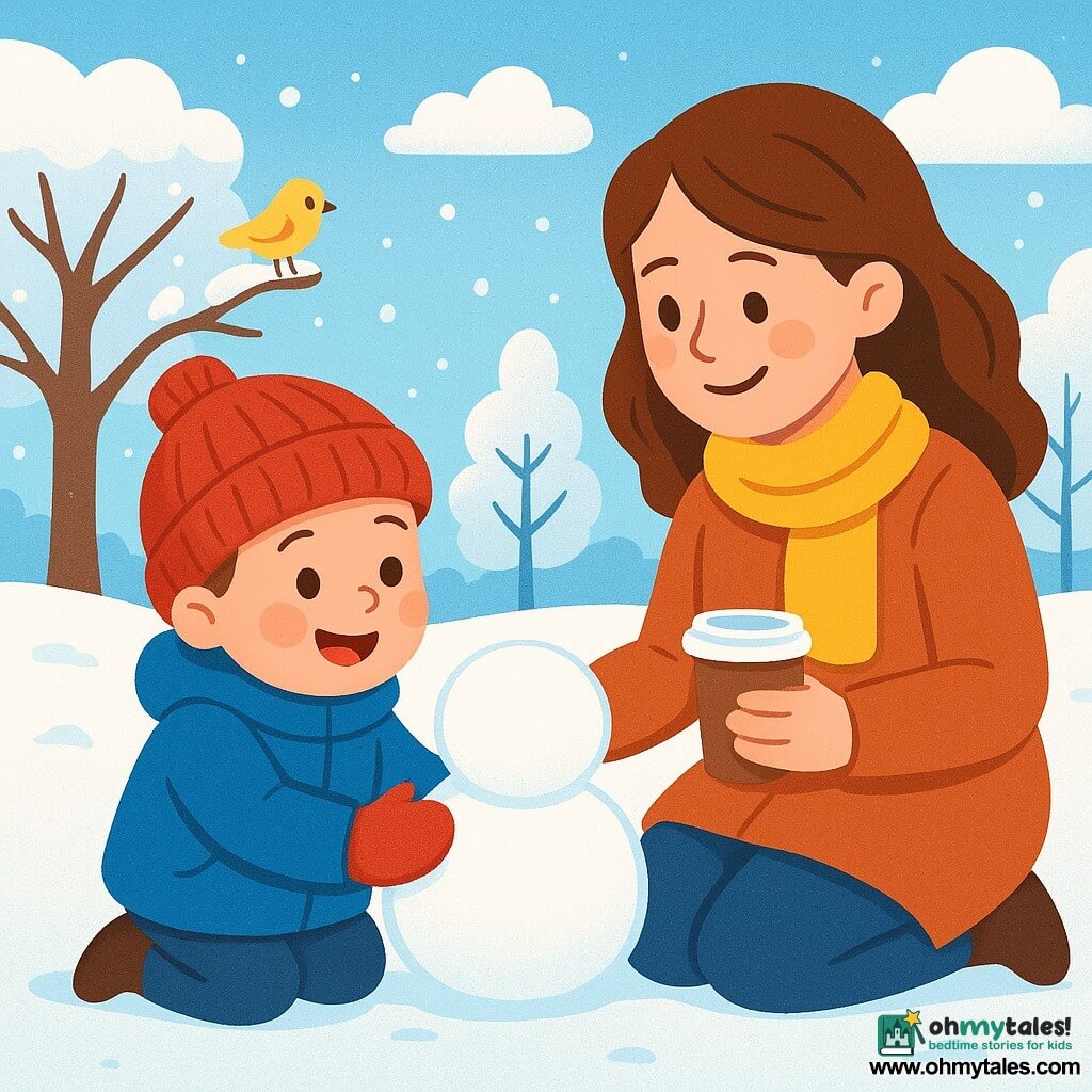 A 2-year-old boy with rosy cheeks and sparkling eyes is wearing a large blue coat and a red wool hat. He smiles in wonder while tapping a snowball with his small gloved hands. Next to him, his mother, a woman in her thirties with brown hair and a warm smile, holds a cup of hot chocolate, looking at her son with affection. The park is covered in a soft blanket of snow, with trees laden with sparkling flakes and a light blue sky dotted with fluffy white clouds. In the distance, a small yellow bird perches on a branch, adding life to this winter scene. The little boy is having fun making a snowman, his eyes shining with joy and excitement, while his mother encourages him with a smile.