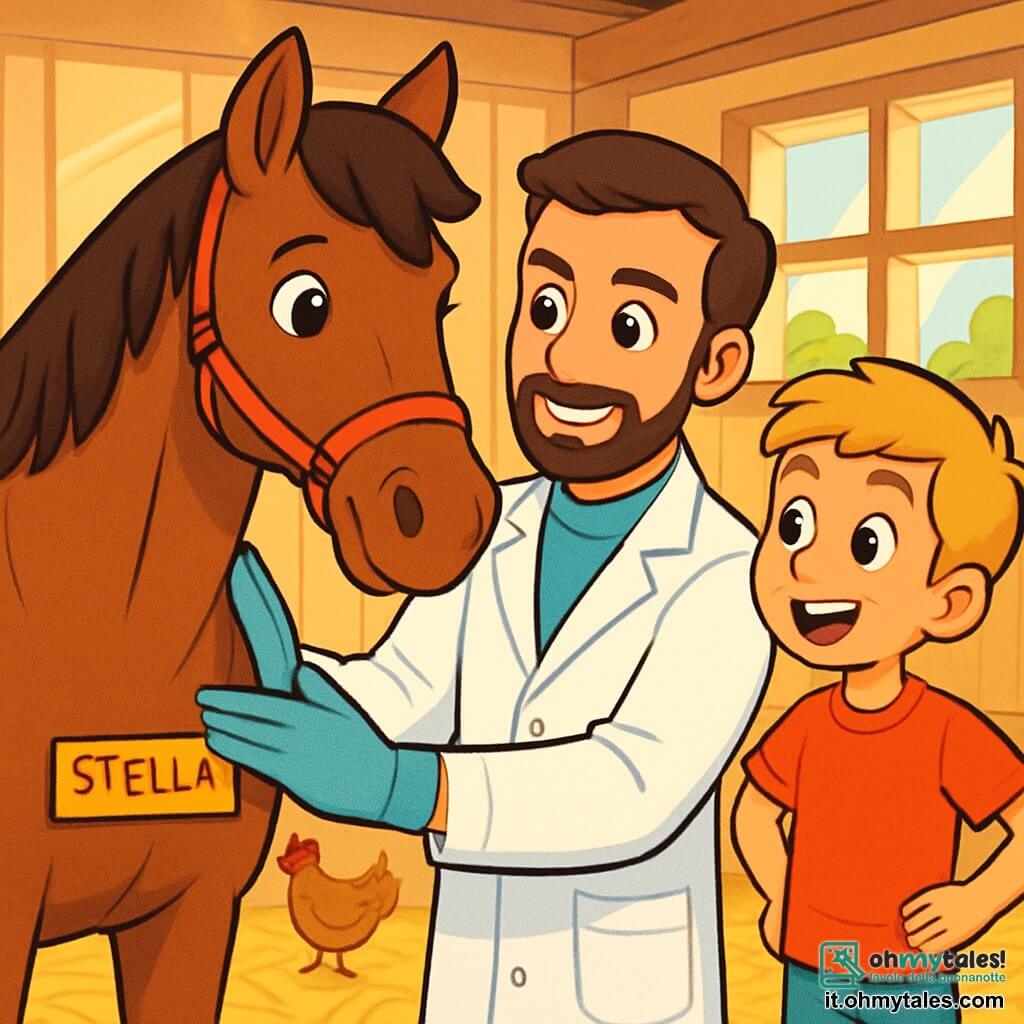 Un veterinario uomo, di circa trent'anni, con capelli castani e una barba ben curata, sorride calorosamente mentre esamina un cavallo marrone di nome Stella. Indossa un camice bianco e guanti in lattice, e il suo sguardo è pieno di benevolenza e concentrazione. Accanto a lui, un ragazzo di 10 anni, di nome Luca, con capelli biondi e occhi brillanti di eccitazione, osserva attentamente, con le mani sui fianchi, meravigliato dal lavoro del veterinario. La scena si svolge in una stalla luminosa, con pareti in legno chiaro e raggi di sole che filtrano attraverso le finestre, illuminando la paglia dorata a terra. Animali come galline e un maialino si trovano sullo sfondo, aggiungendo vita all'ambiente. Il veterinario esamina attentamente Stella, che sembra calma e felice, mentre Luca, affascinato, fa domande sulle cure agli animali. Questa interazione calorosa illustra la passione per il benessere animale e l'apprendimento, creando un'atmosfera gioiosa e ispiratrice.