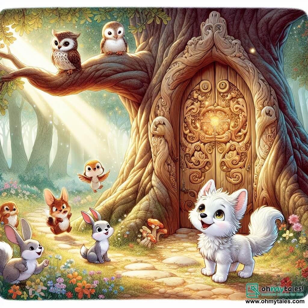 An illustration depicts a small wolf with sparkling eyes and snow-like soft fur, showing an expression of curiosity and excitement. It stands before a magical wooden door, carved from a large oak, ready to open into a fantastical world. Beside it is a group of small animals: a rabbit with large ears and white fur, looking on in wonder, and a wise owl with brown feathers perched on a branch, displaying an attentive and thoughtful expression. A playful squirrel with a bushy tail and mischievous eyes is joyfully hopping around the wolf. The main setting is an enchanted forest, with tall, twisted trees and leaves shimmering in the sunlight, creating a warm and magical atmosphere. Colorful flowers dot the ground, and a soft beam of light filters through the branches, illuminating the scene. The main situation shows the little wolf ready to open the magical door, surrounded by its animal friends, all eager to discover what lies beyond. Sparkles of magic float in the air, adding a touch of wonder to the illustration.