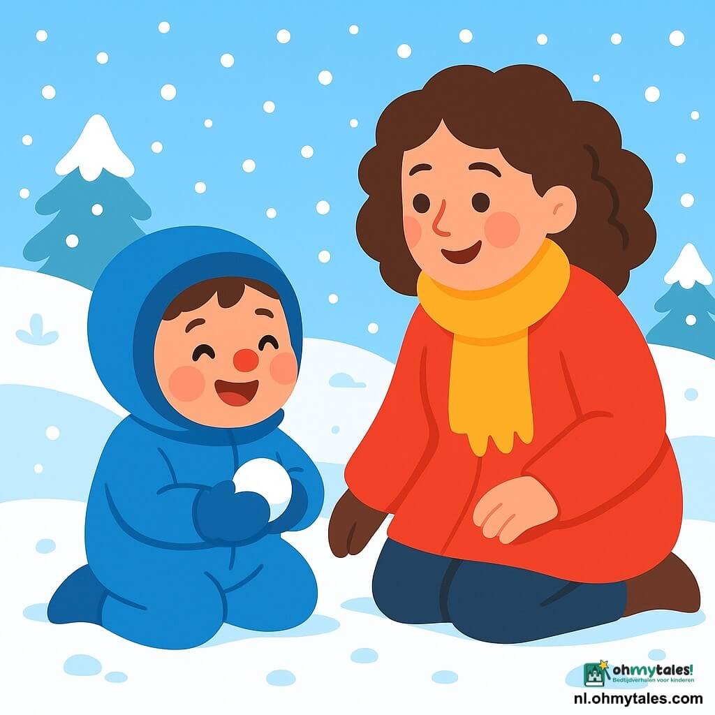 Een klein kind met roze wangen en een rode neus, gekleed in een blauwe winteroverall, glimlacht vrolijk terwijl hij in de sneeuw speelt. Hij houdt een kleine sneeuwbal in zijn handen, met sprankelende ogen van opwinding. Naast hem kijkt zijn moeder, een vrouw met bruin, krullend haar, in een felrode jas en een warme sjaal, liefdevol naar haar kind en lacht zachtjes. De omgeving is een prachtig besneeuwd veld, met bomen bedekt met glinsterende sneeuw onder een heldere blauwe lucht. Sneeuwvlokken vallen zachtjes om hen heen, wat een magische en vredige sfeer creëert. Het belangrijkste beeld toont het kind en zijn moeder die samen plezier hebben en een sneeuwpop bouwen, omringd door de winterse schoonheid.