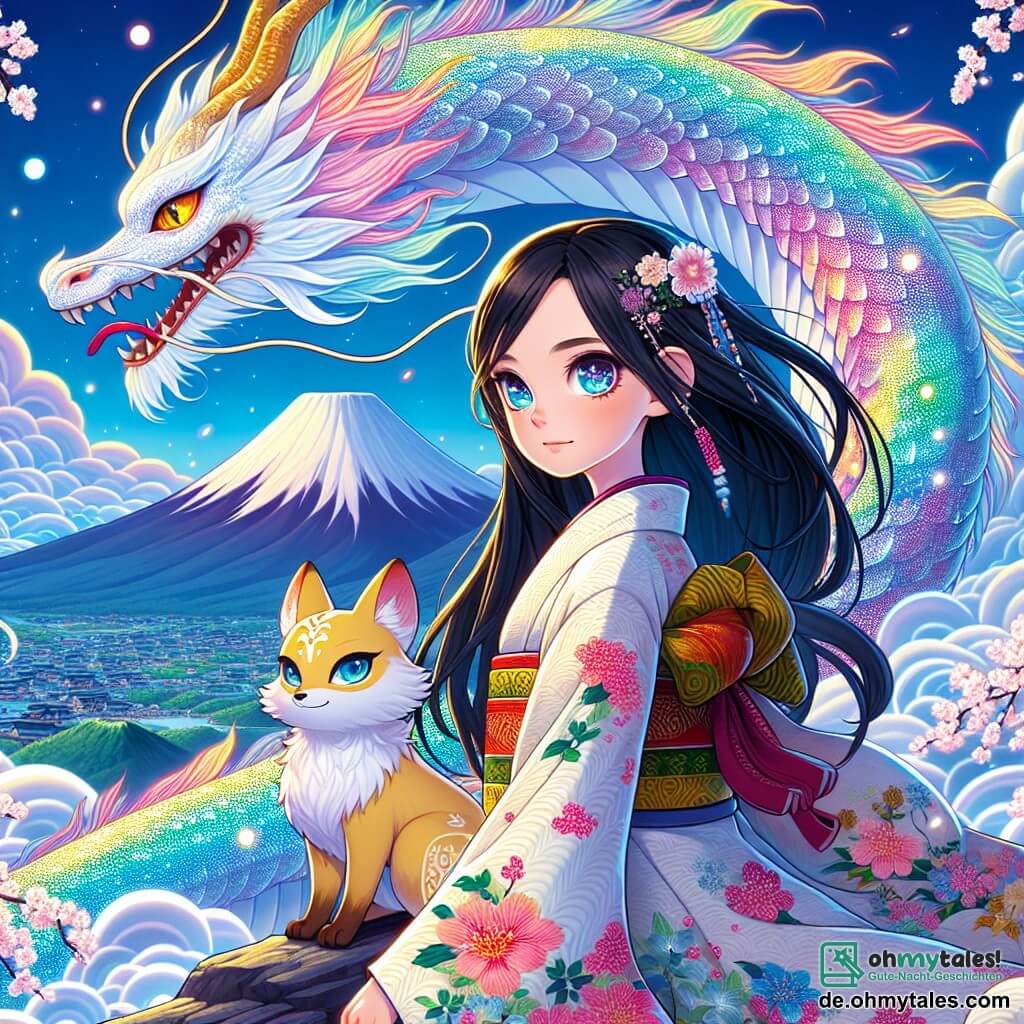 Ein etwa 12-jähriges Mädchen namens Yuki steht auf dem majestätischen Fuji. Sie hat lange schwarze Haare, funkelnde Augen voller Entschlossenheit und trägt ein traditionelles japanisches Kleid mit Kirschblütenmustern. Ihr Gesicht zeigt eine Mischung aus Mut und Staunen, während sie einen riesigen, schimmernden Drachen betrachtet, der sanftes, buntes Licht ausstrahlt. Neben ihr beobachtet Kitsune, ein goldener Fuchs mit schelmischen Augen, den Drachen mit einem verschmitzten Lächeln. Die Szenerie bietet einen Panoramablick vom Fuji-Gipfel, umgeben von schwebenden Wolken und blühenden Kirschbäumen, die dem Landschaftsbild einen Hauch von Magie verleihen. Der Himmel ist strahlend blau, durchzogen von einigen flauschigen weißen Wolken. Yuki ist bereit, sich den Herausforderungen des Drachen zu stellen, entschlossen, ihren Wert zu beweisen und ihr göttliches Erbe zu entdecken. Der majestätische Drache bereitet sich darauf vor, mit ihr zu sprechen, was eine Atmosphäre von Spannung und Aufregung schafft.