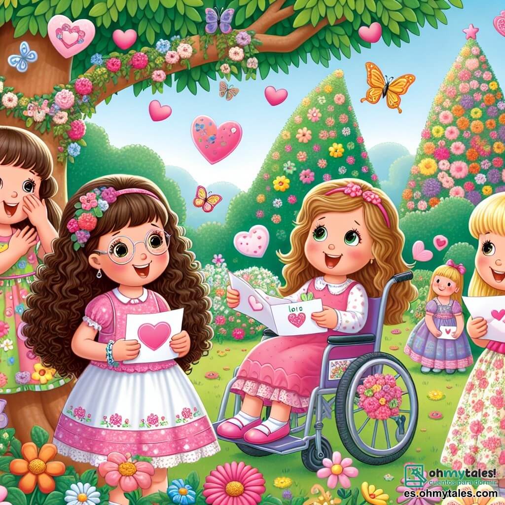 Cuatro niñas, de entre 8 y 10 años, están en un jardín colorido. Sofía, de 9 años con cabello rizado y gafas redondas, sonríe sosteniendo una carta decorada con corazones. Valentina, de 8 años con cabello liso y rubio, lleva un vestido rosa y hace un gesto de sorpresa con los brazos levantados, también sosteniendo una carta. Ana, de 10 años con cabello castaño y una gran trenza, mira a sus amigas con ojos brillantes, sosteniendo una carta en sus manos. Carla, de 9 años en silla de ruedas, tiene cabello rizado y lleva un bonito vestido de flores, sonríe sosteniendo su carta cerca de su corazón. El jardín está lleno de flores brillantes de todos los colores, con mariposas volando alrededor y un gran árbol en el centro que ofrece sombra. Las cuatro amigas se preparan para sorprender a sus mamás leyendo cartas llenas de amor para el Día de la Madre, rodeadas de un ambiente alegre y festivo.