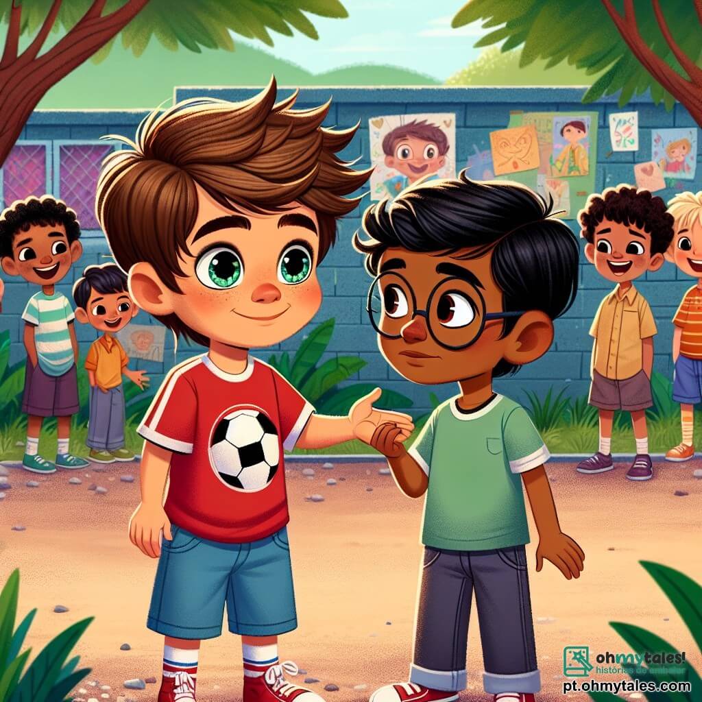 Um garoto de 8 anos, Lucas, com cabelos castanhos bagunçados e olhos brilhantes de curiosidade, está no centro da cena. Ele usa uma camiseta vermelha com um desenho de bola de futebol e um short azul. Seu rosto expressa determinação e bondade enquanto estende a mão para outro garoto. Ao lado dele, Tiago, um menino de 8 anos com cabelos pretos e óculos redondos, olha para Lucas com uma mistura de surpresa e gratidão. Ele veste uma camiseta verde e um jeans, parecendo um pouco tímido, mas confortado pelo apoio do amigo. Ao fundo, um grupo de crianças, algumas rindo e outras parecendo desconfortáveis, está perto de uma parede da escola decorada com desenhos coloridos e pôsteres. O chão é coberto de cascalho, e árvores verdes cercam o pátio. A cena principal mostra Lucas, com um olhar determinado, defendendo Tiago contra zombarias, enquanto as outras crianças observam, algumas com expressões reflexivas e outras com sorrisos de encorajamento, ilustrando a importância da amizade e do respeito.