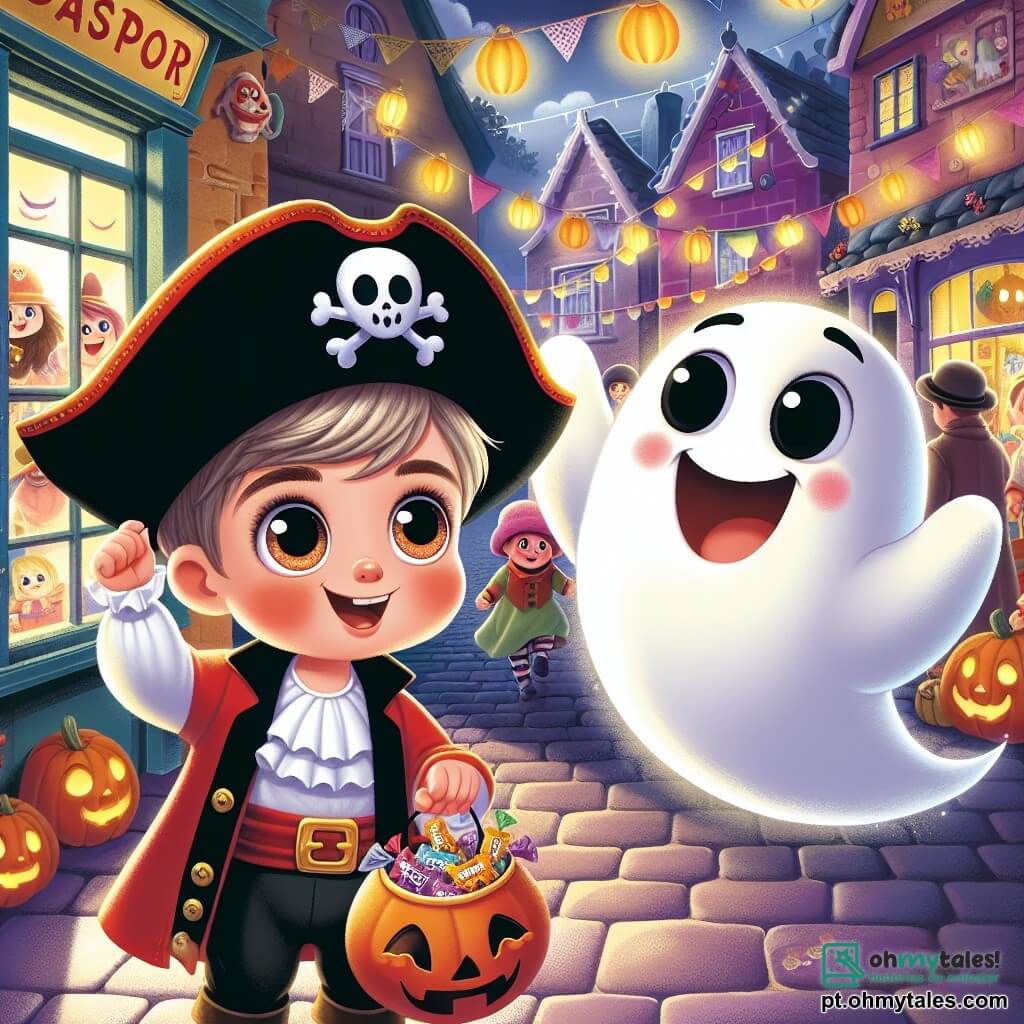 Um menino de 4 anos, chamado Tiago, está vestido com uma fantasia de pirata, com um chapéu preto e um lenço vermelho. Ele tem olhos brilhantes de curiosidade e um grande sorriso no rosto, segurando um saquinho cheio de doces em uma mão e levantando a outra para cumprimentar um fantasma. O fantasma, chamado Gaspar, é um adorável espírito branco com olhos redondos e amigáveis, flutuando alegremente ao lado de Tiago, como se estivesse dançando no ar. A cena acontece em uma rua movimentada decorada para o Halloween, com casas adornadas com abóboras iluminadas, teias de aranha e lanternas coloridas que iluminam a noite. Crianças fantasiadas correm ao redor, acrescentando à atmosfera festiva. Tiago e Gaspar estão se divertindo juntos, rindo e brincando no meio das decorações, enquanto Tiago se prepara para entrar em uma loja de doces, maravilhado com os tesouros açucarados que o aguardam dentro.