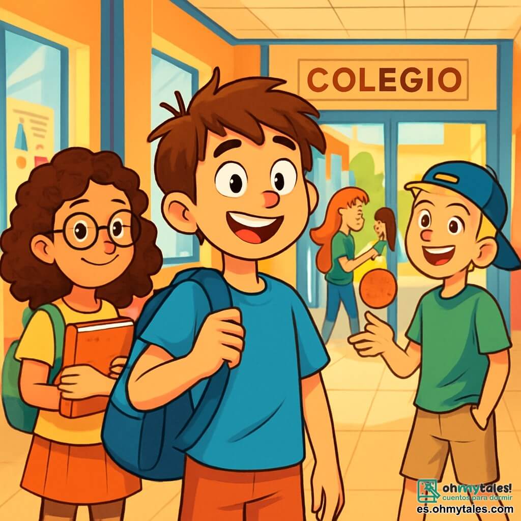Un niño de 12 años, Daniel, está en el centro de la imagen, con el cabello castaño alborotado y una gran sonrisa en su rostro, sus ojos brillando de emoción y nerviosismo. Lleva una camiseta azul y un short, sosteniendo una gran mochila azul en su hombro, mirando con curiosidad hacia la entrada de su nuevo colegio. A su lado, Clara, una niña de 11 años con cabello rizado y gafas, sonríe sosteniendo un libro en sus manos, lista para compartir sus conocimientos. Un poco más lejos, Pablo, un niño de 12 años con cabello rubio y una gorra, lanza una pelota de goma riendo, añadiendo dinamismo a la escena. El lugar es el vestíbulo de un colegio moderno, con grandes ventanas que dejan entrar la luz del sol, paredes coloridas adornadas con carteles educativos y alumnos que conversan alegremente a su alrededor. La situación principal muestra a Daniel, Clara y Pablo preparándose para su primer día de clases, rodeados de otros niños, todos impacientes y un poco nerviosos, creando una atmósfera vibrante y llena de energía.