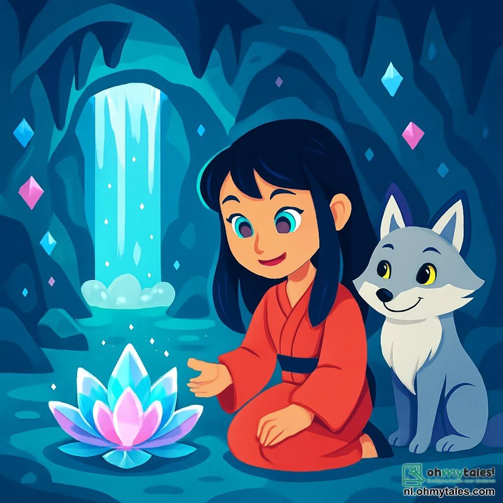 Aki, een jonge vrouw met glanzend zwart haar en oceaanblauwe ogen, knielt voor een prachtige Kristallen Lotus die schittert in een grot. Haar gezicht straalt verwondering en sereniteit uit, met een lichte glimlach die haar delicate trekken verlicht. Naast haar observeert Kitsune, een vos met zilverachtig haar, met ondeugende en wijze ogen, alsof hij een oud geheim deelt. De grot is omhuld door een zachte blauwachtige gloed, met muren versierd met edelstenen en fonkelende stalactieten. Een waterval van helder water valt bij de ingang, wat een magische en rustgevende sfeer creëert. Aki, verwonderd, steekt haar hand uit naar de lotus, klaar om de wijsheid te ontdekken die ze bevat, terwijl Kitsune, met een elegante houding, over haar waakt, klaar om haar te begeleiden in deze ontdekkingsreis.