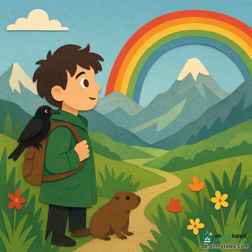 Ein junger Mann, Jonas, mit zerzausten braunen Haaren und neugierigen Augen, trägt einen grünen Mantel und einen Rucksack. Er steht auf einem schmalen Bergpfad und betrachtet fasziniert eine wunderschöne Landschaft. Eine Dohle sitzt auf seiner Schulter und beobachtet den Horizont. Ein kleiner brauner Murmeltier schnuppert neugierig am Boden zu seinen Füßen. Sie sind von hohen grünen Gräsern und bunten Blumen umgeben, mit einem klaren blauen Himmel und einem leuchtenden Regenbogen im Hintergrund. Die Hauptszene zeigt Jonas und seine Freunde, wie sie das Hängende Tal entdecken, einen bezaubernden Ort mit majestätischen Bergen und grünen Tälern, der Abenteuer und Entdeckung symbolisiert.