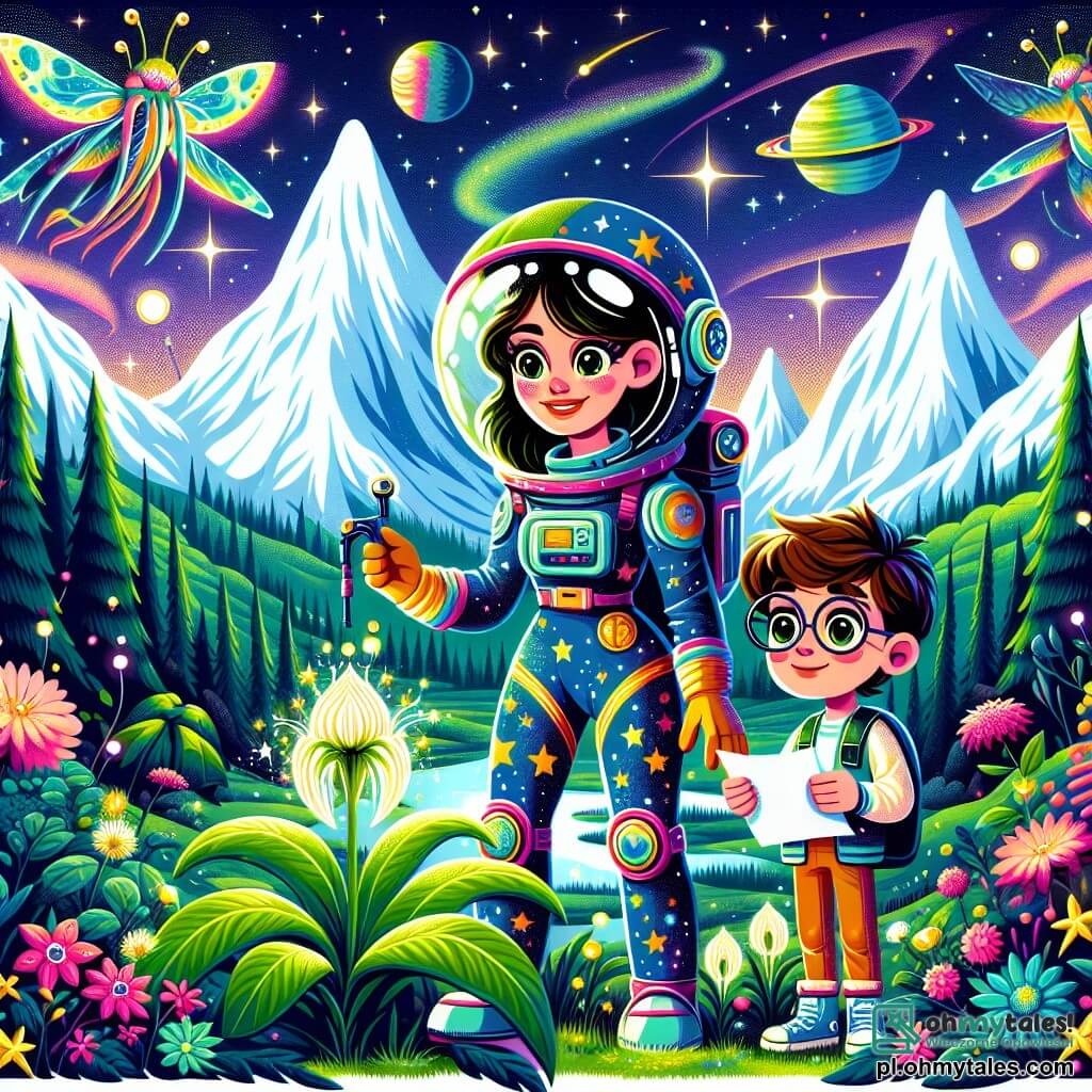 Astronautka o imieniu Lena, mająca około 30 lat, stoi na zielonej planecie, jej oczy błyszczą z ekscytacji i ciekawości. Ma na sobie kolorowy skafander z motywami gwiazd i planet, trzyma w ręku małe urządzenie pomiarowe, z zachwytem obserwując otoczenie. Obok niej stoi młody chłopiec o imieniu Tomasz, mający około 12 lat, z brązowymi włosami i okrągłymi okularami, z uśmiechem na twarzy. Trzyma mapę planety i wskazuje palcem na dziwną świecącą roślinę rosnącą w pobliżu. W tle widać spektakularny krajobraz: majestatyczne góry z ośnieżonymi szczytami, bujne lasy w żywych kolorach i gwiaździste niebo z jasnymi planetami. Dziwne stworzenia przypominające gigantyczne motyle latają wokół nich, dodając magii do sceny. Główna sytuacja pokazuje Lenę i Tomasza odkrywających razem tę nową planetę, zachwyconych pięknem otoczenia i niecierpliwych, by zbadać otaczające ich tajemnice.