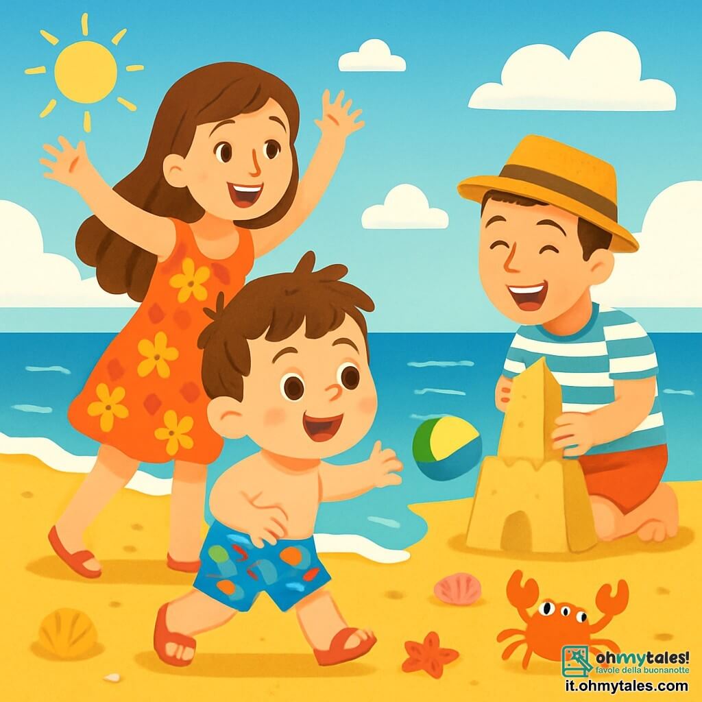 Un bambino di 2 anni, Tommi, con capelli castani disordinati e occhi brillanti di gioia, sorride mentre gioca nella sabbia dorata della spiaggia. Indossa un costume da bagno blu con pesciolini colorati e sandali rossi. Accanto a lui, sua madre, una donna sorridente di circa 30 anni con lunghi capelli castani e un vestito leggero a fiori, lo incoraggia alzando le braccia, piena di entusiasmo. Più in là, suo padre, un uomo gioviale di circa 35 anni con un cappello di paglia e una maglietta a righe, costruisce una grande torre di sabbia, ridendo di felicità. Lo scenario è una spiaggia soleggiata, con onde scintillanti che si infrangono dolcemente sulla riva, con conchiglie colorate sparse sulla sabbia e un cielo azzurro chiaro punteggiato di alcune nuvole bianche. La scena principale mostra Tommi che lancia una piccola palla colorata verso l'acqua, circondato da risate e gioia, mentre un granchio rosso curioso si avvicina a lui, aggiungendo un tocco di magia a questo momento di festa.