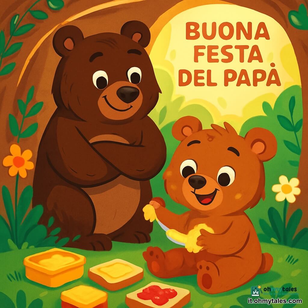 Un piccolo orso bruno, con un pelo morbido e setoso e occhi scintillanti di gioia, sta preparando una sorpresa per il suo papà. È seduto su un tappeto di muschio, circondato da tartine colorate con burro dorato e marmellata rossa, con un sorriso sulle labbra e le zampe piene di burro. Accanto a lui, un grande orso dal pelo marrone scuro, con uno sguardo tenero e ammirato, osserva il suo piccolo con orgoglio, le braccia incrociate e un sorriso caloroso che illumina il suo volto. La scena si svolge in una tana accogliente, tappezzata di foglie verdi e fiori selvatici, dove la luce del sole filtra tra i rami, creando ombre danzanti sul pavimento. Il piccolo orso, tutto emozionato, si prepara a svegliare il papà per offrirgli una colazione speciale per la festa del papà, riempiendo l'aria di un'atmosfera di felicità e complicità.