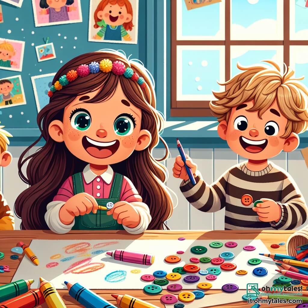 Una bambina di 4 anni, Sofia, con lunghi capelli castani e occhi pieni di gioia, è seduta a un tavolo pieno di carta colorata e materiali per l'arte. Sorride con entusiasmo, tenendo una matita colorata in mano, pronta a creare una sorpresa per suo papà. Accanto a lei, il suo amico Leo, un ragazzo di 5 anni con capelli biondi spettinati e una maglietta a righe, raccoglie dei bottoni che sono rotolati a terra, ridendo della situazione. La scena si svolge in un'aula luminosa, con pareti decorate con disegni di bambini e finestre che lasciano entrare la luce del sole. Sofia e Leo sono circondati da un'atmosfera gioiosa, piena di risate e creatività, mentre preparano insieme sorprese per la festa del papà.