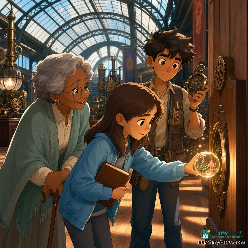 Tres personajes: Vera, chica de unos 12 años, cabello castaño liso, chaqueta azul claro, cuaderno marrón, sostiene una pequeña esfera de vidrio brillante con una imagen de fiesta en su interior y la coloca con cuidado en un marco mural; Lia, mujer de unos 70 años, piel arrugada y cabello gris corto, con bastón plegable de madera a la derecha y chal verde pálido, sonríe apoyada en su bastón desde la izquierda de Vera; Nico, chico de unos 16 años, pelo despeinado, chaleco con bolsillos lleno de herramientas, sostiene una extraña brújula-reloj mecánica y mira el marco desde la derecha de Vera. Lugar: interior de un gran pabellón de exposición antiguo con gran lucernario y vigas de hierro, suelos de madera encerada y puestos con máquinas victorianas de latón y vapor; luz suave filtrada que crea sombras y reflejos. Situación: la esfera con un recuerdo luminoso se inserta en un marco vacío sobre una pared de madera; su luz cálida proyecta chispas y anima los rostros mientras las máquinas y las personas alrededor permanecen inmóviles, como si el tiempo contuviera el aliento.
