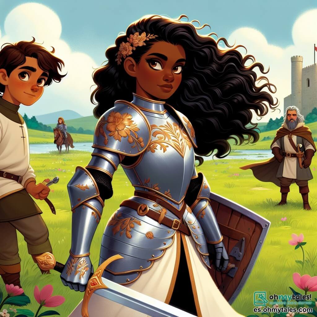 En primer plano, una valiente caballera, Elara, se erige orgullosa en un campo de batalla, su larga cabellera negra ondeando al viento. Lleva una brillante armadura adornada con motivos florales, y su rostro expresa una ardiente determinación, con ojos que brillan de coraje. En su mano, empuña una espada reluciente, lista para defender su reino. A su lado, su fiel escudero, Benjamín, un niño de unos 12 años, con cabello castaño y ojos vivos, mira a Elara con admiración. Lleva una túnica sencilla y un pequeño escudo, dispuesto a ayudarla en la batalla. Un poco más atrás, se ve a Ragnor, un hombre de unos treinta años, con barba desaliñada y una armadura desgastada, que parece reflexionar sobre la situación, su mirada dividida entre la lealtad y la duda. El escenario es un campo verde, salpicado de flores silvestres, con las imponentes murallas del castillo de la Ciudad de la Luz de fondo, bajo un cielo azul con nubes blancas. La escena principal muestra a Elara preparándose para enfrentar a un grupo de bandidos, decidida a defender su castillo y a demostrar que las mujeres pueden ser grandes guerreras.