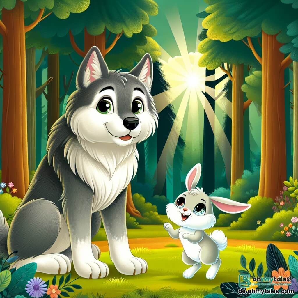 In einer sonnigen Lichtung des tiefen und geheimnisvollen Waldes steht ein großer Wolf mit grauem, seidig glänzendem Fell in der Mitte, mit einem sanften und freundlichen Blick. Seine Augen strahlen Neugier und Empathie aus, während er dem kleinen Hasen neben sich warmherzig zulächelt. Neben ihm springt ein kleiner Hase mit großen weißen Ohren und funkelnden Augen vor Freude, als er seine Mama in der Ferne sieht. Er ist ganz aufgeregt, seine Hinterbeine sind in der Luft, und er schaut den Wolf dankbar an. Im Hintergrund ist der Wald dicht, mit großen, robusten Baumstämmen und leuchtend grünen Blättern, die von Sonnenstrahlen beleuchtet werden, die durch die Äste filtern. Bunte Blumen bedecken den Boden und verleihen der Umgebung einen Hauch von Magie. Die Hauptsituation zeigt den Wolf und den Hasen in einem Moment der Kameradschaft, während sie gerade die Hasenmama wiedergefunden haben, und schafft eine Szene des Glücks und der Freundschaft im Herzen des Waldes.