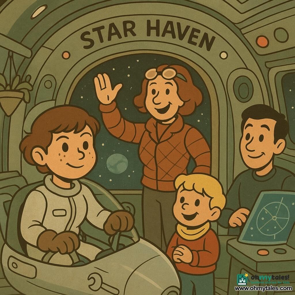 Mira, a smiling, focused female pilot with a round freckled face and short tousled brown hair, wearing a light flight suit with pockets and a small wrench, pilots a small silver shuttle, hand on a lever, as it gently docks at bay three with soft clicks and red/green/white navigation lights; Commander Lila, a warm, tall woman of about 40 in a rust-quilted jacket with silver glasses on her head, stands at the docking entrance waving openly; Tarek, a calm 30-year-old navigator with black hair and curious eyes, manipulates a large holographic screen beside a window to space; a small enthusiastic seven-year-old blond boy with a bowl cut holds a knitted scarf and watches Mira from a bridge corner, amazed; inside the Star Haven, polished metal rounded corridors, blinking green, red and white LEDs, hanging planter plants and large windows reveal a starry sky and a blue planet, creating a warm, confident atmosphere of camaraderie and accomplishment.