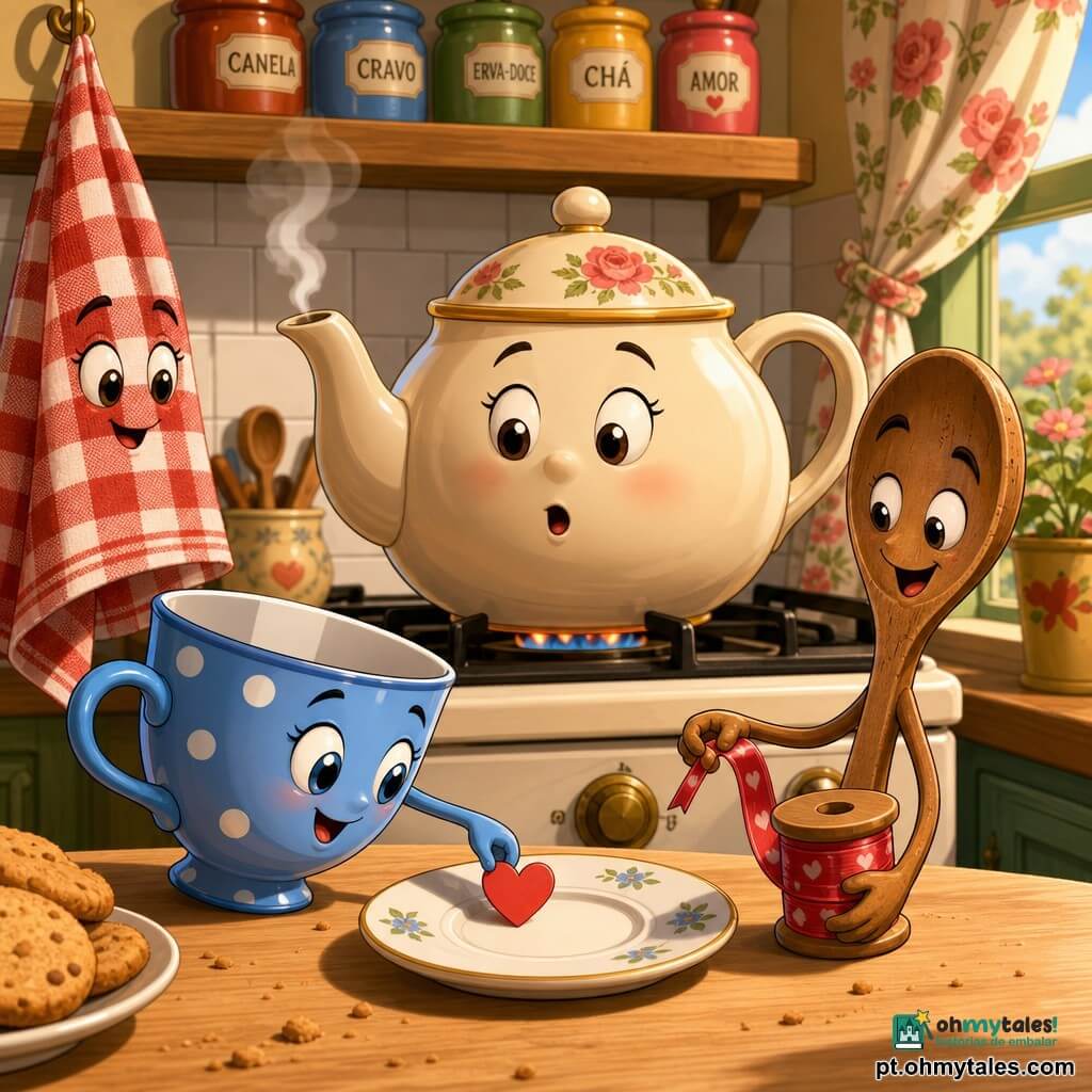 Lili, uma pequena xícara de porcelana azul com bolinhas brancas, sorridente e resoluta, olhos brilhantes e alça como braço, coloca delicadamente um pequeno coração de papel vermelho na pires; Dona Chá, uma grande chaleira redonda de cerâmica creme com tampa florida, de expressão doce e surpresa, está no fogão ao centro soltando uma leve vapor brilhante; uma colher de madeira comprida e gasta, maliciosa e encorajadora, segura um rolo de fita ao lado de Lili sobre a mesa; um pano de prato xadrez vermelho e branco pendurado observa a cena; cozinha vintage ensolarada, mesa de madeira clara com migalhas, potes de especiarias coloridos, azulejos brancos brilhantes e cortina florida ao vento; situação: a xícara prepara uma surpresa de Dia das Mães — colocar um coração de papel e decorar a chaleira — cena calorosa, íntima e ternamente iluminada pela manhã.