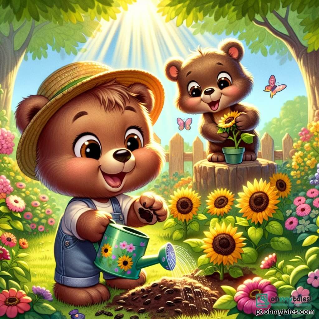 Um pequeno urso marrom, alegre e curioso, com um sorriso radiante e olhos brilhantes, está plantando sementes de girassol em um jardim ensolarado. Ele usa um pequeno chapéu de palha e tem patas cheias de terra, mostrando seu entusiasmo. Ao lado dele, uma mamãe urso doce e protetora, com pelagem sedosa e olhos benevolentes, o observa com orgulho enquanto segura um regador colorido. Ela sorri, feliz por compartilhar esse momento com seu filhote. O jardim está cheio de flores coloridas, vegetação vibrante e raios de sol filtrando pelas folhas das árvores. Borboletas dançam ao redor das flores, adicionando um toque de magia ao ambiente. Nesta cena, o pequeno urso e sua mamãe trabalham juntos com alegria para plantar girassóis, criando um momento de felicidade e harmonia na natureza.