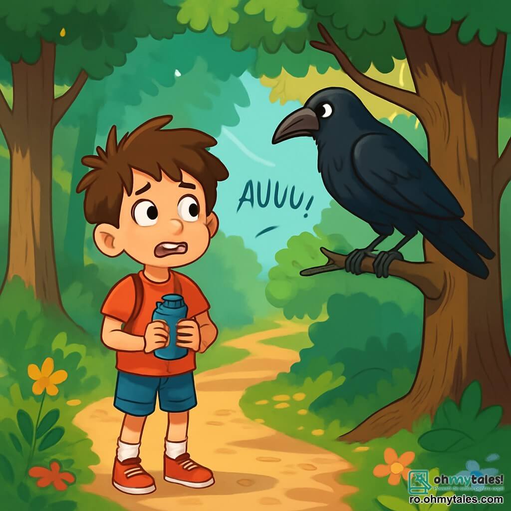 Un băiat de 8 ani, Radu, cu părul brun și ochii plini de curiozitate, stă la marginea unui potecă din pădure. Fața lui exprimă o ușoară frică amestecată cu excitație, în timp ce strânge o sticlă mică de metal în mâini. La câțiva pași distanță, o cioară bătrână, cu pene negre lucioase și o privire pătrunzătoare, stă pe o ramură joasă, observându-l atent pe Radu. Locul este o pădure densă, cu copaci majestuoși și trunchiuri groase, frunzele verzi formând un plafon natural. Razele soarelui filtrează printre ramuri, proiectând umbre dansante pe solul acoperit cu frunze uscate și flori sălbatice colorate. Situația principală arată un Radu ezitant pe drum, pregătit să intre în necunoscut, în timp ce un urlet îndepărtat răsună în aer, adăugând o tensiune palpabilă atmosferei.
