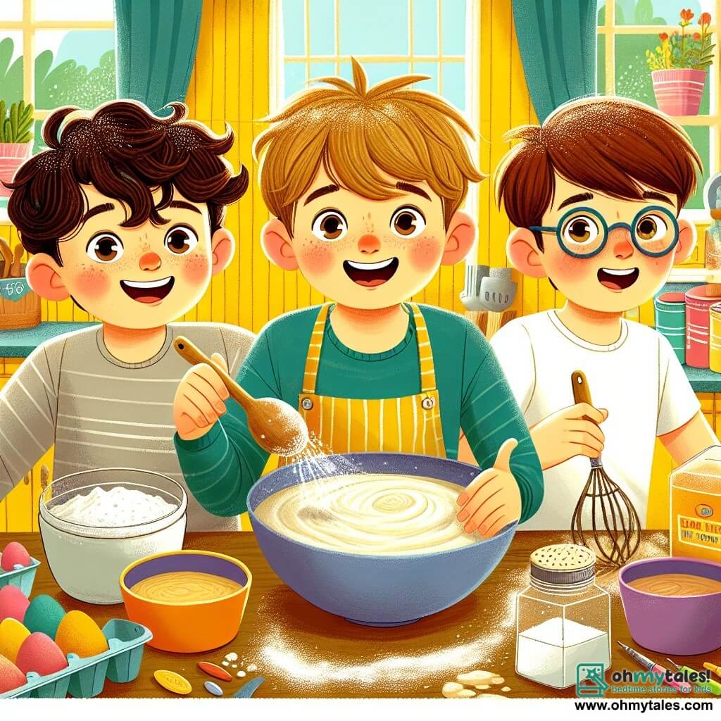 Three 7-year-old boys: Max, a little boy with curly brown hair and sparkling eyes, is holding a large bowl of cake batter; Leo, a boy with straight blonde hair and a mischievous face, is having fun sprinkling flour on the countertop; and Sam, a boy with brown hair and round glasses, is eagerly watching the mixture being prepared. They are in a bright kitchen filled with vibrant colors, with yellow walls and windows letting in sunlight, surrounded by scattered kitchen utensils. The main scene shows the three friends preparing a cake for Father's Day, laughing and having fun, with flour on their faces and bursts of laughter echoing in the air.