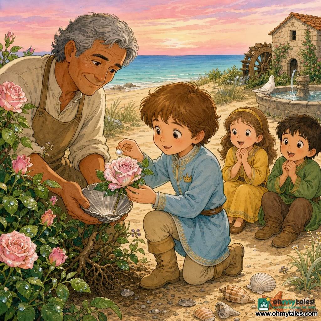 A young boy prince, about 8–10, round smiling face and light brown hair, kneels holding a small nacreous pearl between thumb and forefinger; a 50-year-old tanned gardener with gray cropped hair and a canvas apron stands to his left smiling, holding a small silver shell on the rosebush root; a 6-year-old girl and a 7-year-old boy in simple colorful clothes (yellow and green) sit on a dune behind, hands clasped, amazed; a small stone watermill and a round fountain with a white dove on its rim are in the background, with shells and starfish on nearby sand; the coastal garden on a golden beach has low dunes, fine grasses, a deep-green rosebush with pale pink flowers and dewdrops, and a turquoise sea under a pink evening sky; the main moment shows the prince opening the rosebush, discovering a rose hiding a pearl, and gently lifting it to place in the gardener’s shell, bathed in soft, tender, peaceful light.