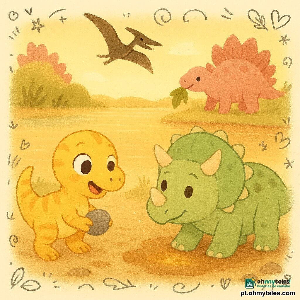 Um pequeno velociraptor rápido e arredondado, com penas amarelo-pálido e listras laranja, olha surpreso e feliz, segurando uma pedra lisa enquanto observa a lama brilhante; Trico, um tricerátopo compacto de pele verde-clara com manchas castanhas, está com uma pata atolada na lama e aliviado, olhando de lado para o velociraptor; um pterossauro esguio voa alto em V sorrindo ao fundo; um estegossauro de placas rosas traz grandes folhas verdes para o lanche junto à margem. Local: borda de um lago quente com reflexo dourado, água calma, margens de lama marrom-claro, ervas altas e algumas pedras; poeira de estrelas cai suavemente e faz a lama ficar lisa e brilhante. A cena principal mostra a pedra caída na lama e o velociraptor soprando/espalhando o brilho para ajudar Trico a tirar a pata. Estilo: cores suaves, formas arredondadas e simples, texturas aveludadas, luz quente do fim da tarde, composição centrada nos personagens com bastante espaço positivo para pequenos doodles alegres (estrelas, corações, folhas).