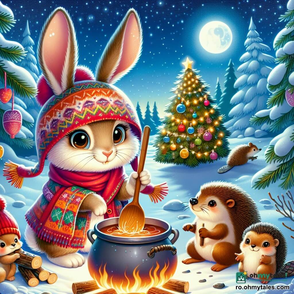 Un iepuraș pe nume Nelu, cu urechi mari și moi și ochi strălucitori de curiozitate, stă în centrul scenei, cu un zâmbet cald pe față. Poartă o pălărie mică de lână roșie și un fular colorat, ținând o lingură mare de lemn, pregătit să amestece o oală mare aburindă. Lângă el, o castoroaică cu ochi sclipitori și blană brună aurie zâmbește ținând crengi uscate pentru a întreține focul, în timp ce un arici cu țepii ridicați și un aer hotărât luminează scena cu o lanternă strălucitoare, iluminând fețele vesele ale celorlalte animale. Decorul este o poiană fermecată, înconjurată de brazi mari acoperiți cu zăpadă strălucitoare, sub un cer înstelat unde luna strălucește ca un far. În centru, un brad mare decorat cu ghirlande luminoase și globuri colorate, creând o atmosferă festivă și caldă. Situația principală arată cum Nelu și prietenii săi sunt adunați în jurul oalei, pregătind o supă caldă pentru a-și încălzi inimile, în timp ce fulgii de zăpadă cad ușor în jurul lor, adăugând o notă magică acestei nopți de Crăciun.