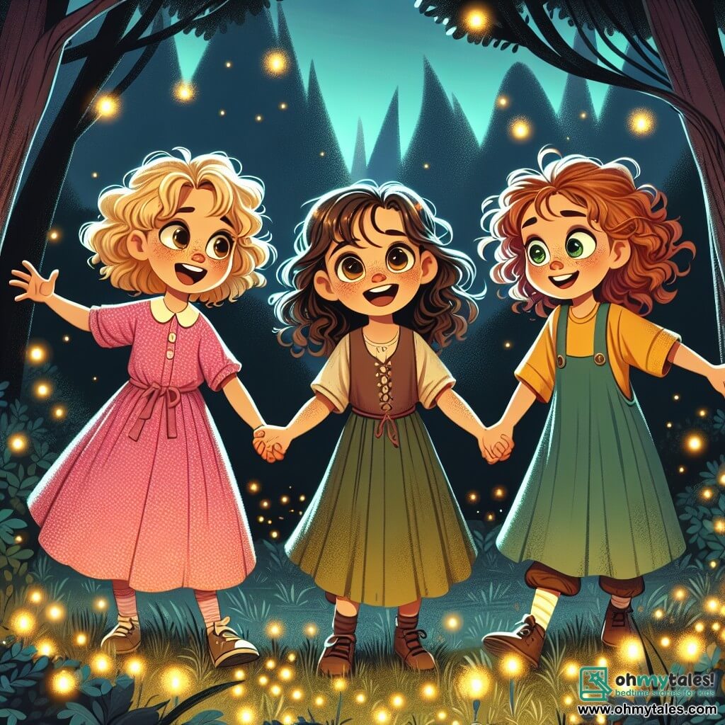 Three seven-year-old girls hold hands at the center of the stage. **Lily**, with curly blonde hair, wears a pink polka dot dress and has a big smile, her eyes sparkling with excitement. **Mia**, with smooth brown hair, is dressed in a green tunic and observes intently, her face thoughtful. **Zoe**, with curly red hair, wears a blue skirt and a yellow t-shirt, her eyes shining with curiosity. They are in a magical clearing surrounded by majestic trees with shimmering leaves, where fireflies dance in the twilight air, illuminating the landscape with a soft golden glow. The main scene shows the three friends joyfully dancing with the fireflies, their laughter echoing as they discover the true meaning of friendship and happiness. The fireflies, glowing like stars, swirl around them, creating a fairy-tale and warm atmosphere.
