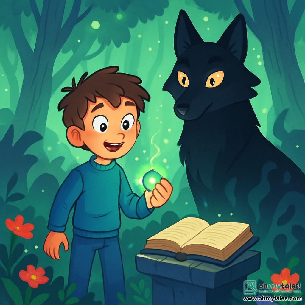 A 10-year-old boy named Oliver, with messy brown hair and curious bright eyes, stands in the center of a mysterious clearing, his face filled with wonder and excitement. He wears a blue sweater and jeans, holding a sparkling amulet in his hand that emits a soft green light. Beside him is Nocturne, a guardian creature with fur as black as night and sparkling eyes, standing majestically and watching over Oliver. The setting is an enchanted forest with tall silver-trunked trees reaching towards the sky, their luminescent leaves creating a magical atmosphere. Vibrant flowers cover the ground, while a light mist dances among the tree roots. The main scene shows Oliver, amazed, discovering an ancient book on a stone pedestal, surrounded by mysterious glows and shadowy shapes that seem to animate around him, as if the forest itself is revealing its secrets.